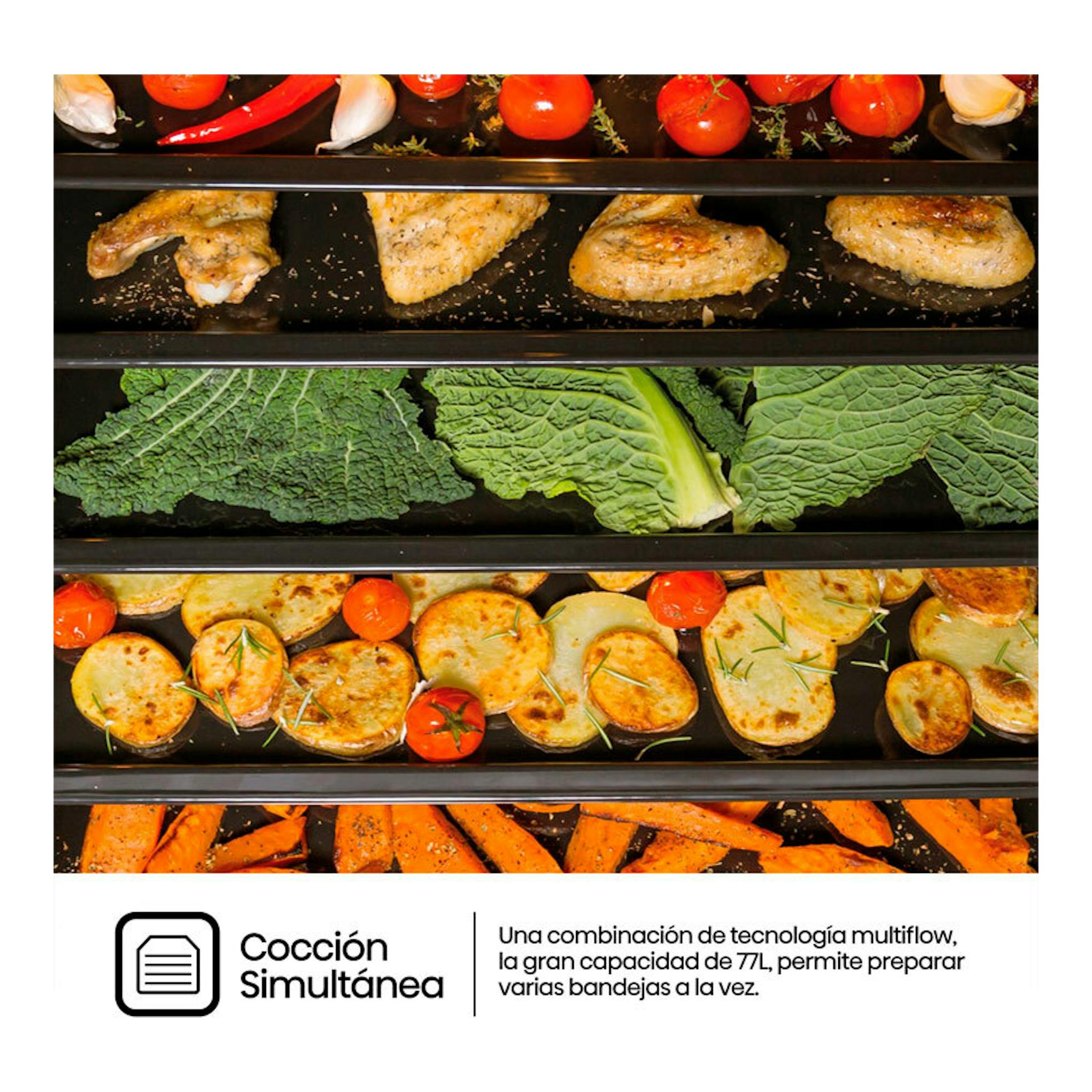 Hisense BI62216AX, horno inox con varias bandejas de comida y texto de cocción simultánea.