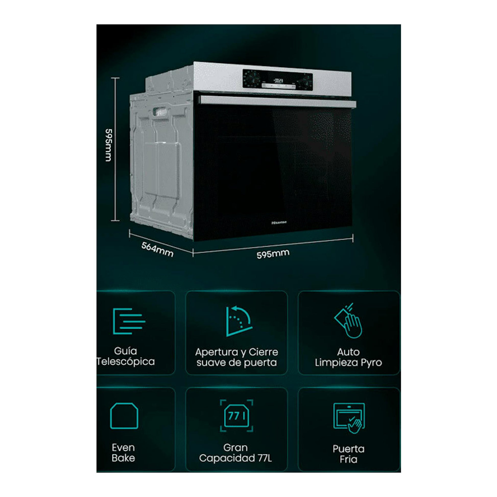 Horno Hisense BI64213E14PX inox, vista frontal y lateral, con medidas 595x595x564 mm.
