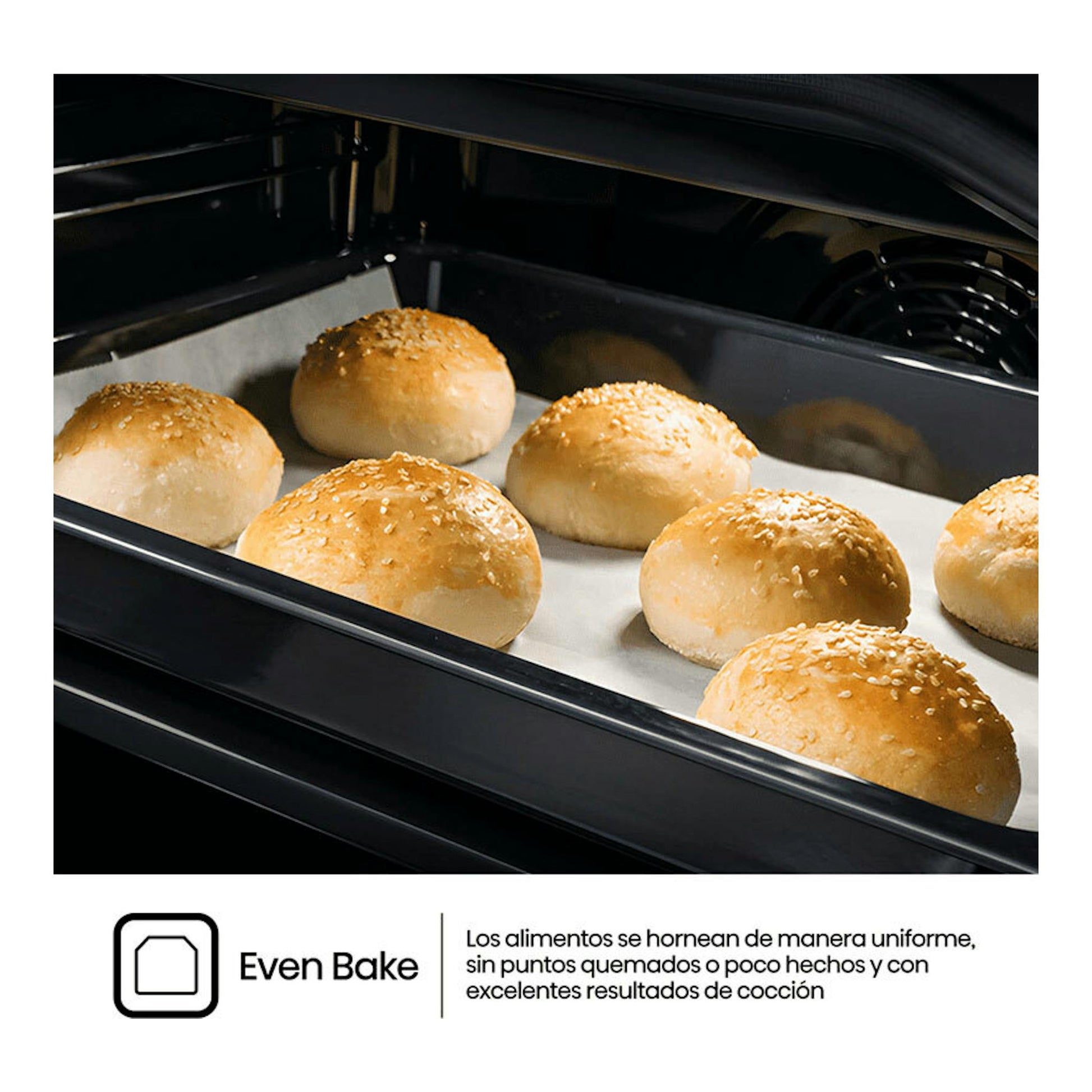 Horno Hisense BI64213E14PX inox, interior negro con bandeja y panecillos horneándose en vista frontal.