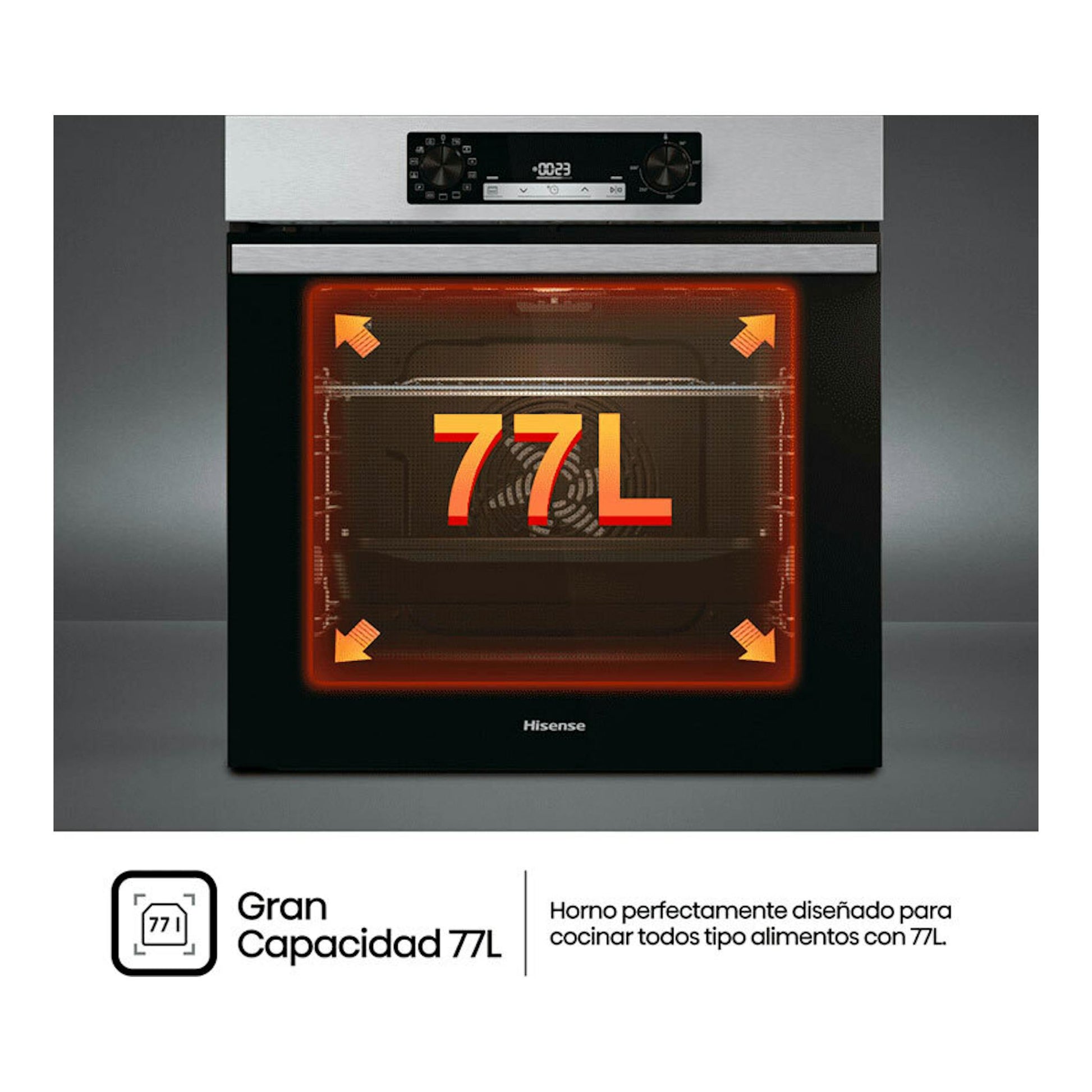 Horno Hisense BI64213E14PX inox, vista frontal, con puerta negra y panel superior de acero inoxidable.