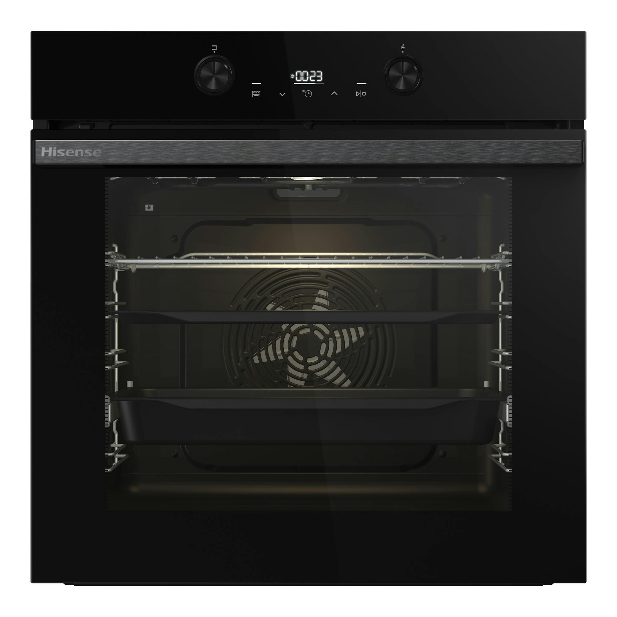 Horno empotrable Hisense BI64223EPBG, vista frontal, negro, con panel digital, dos mandos y puerta de cristal.