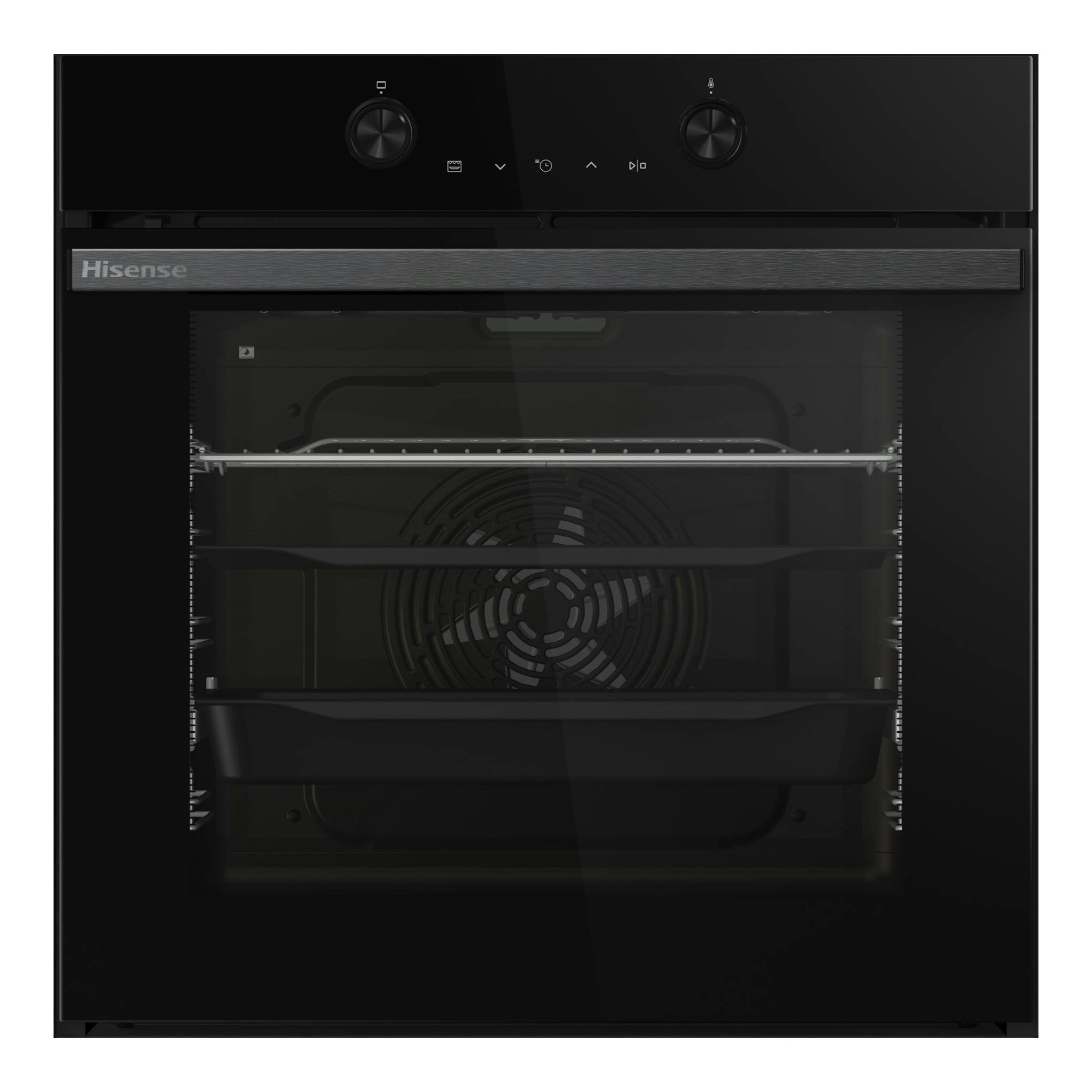 Horno empotrado Hisense BI64223EPBG negro, vista frontal con puerta de cristal y dos mandos.
