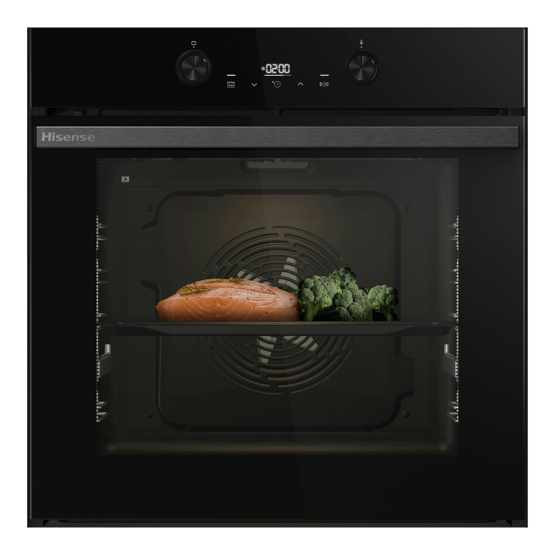 Hisense BI64223EPBG, horno empotrado negro, vista frontal, con salmón y brócoli en el interior.