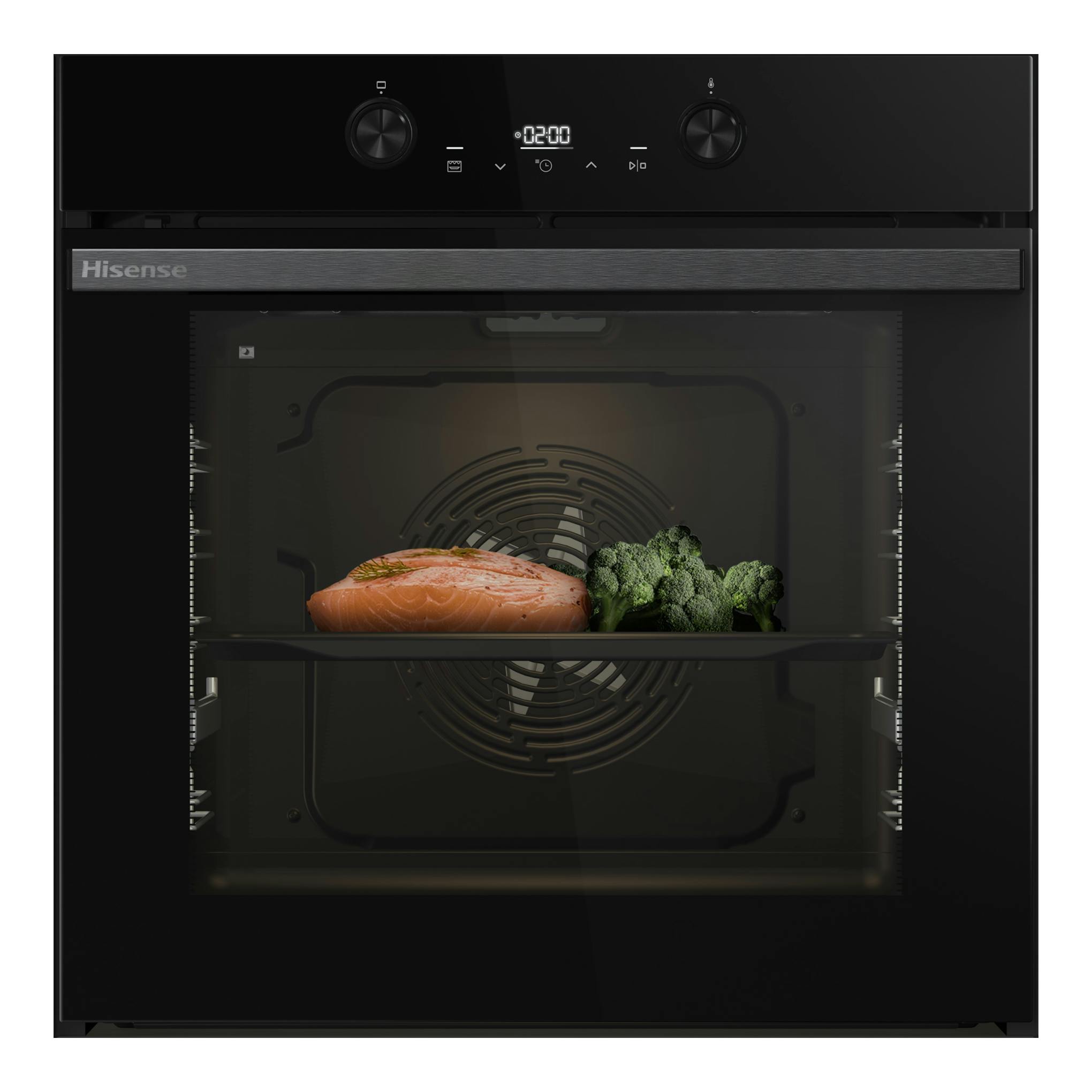 Hisense BI64223EPBG, horno empotrado negro, vista frontal, con salmón y brócoli en el interior.