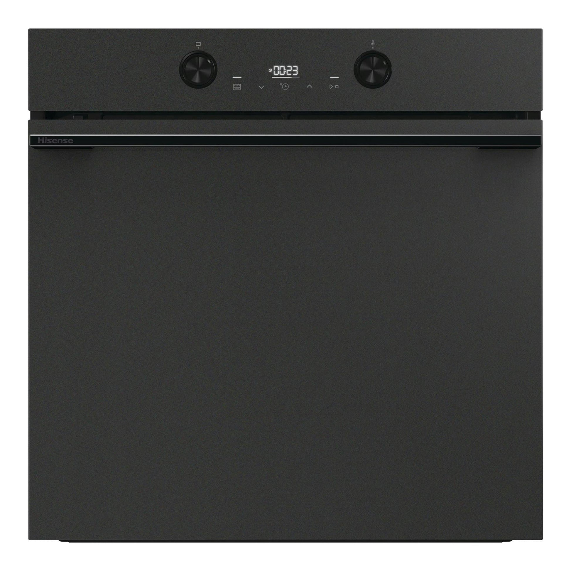 Horno Hisense BI64223EPMB negro mate, vista frontal, con dos mandos y display digital.