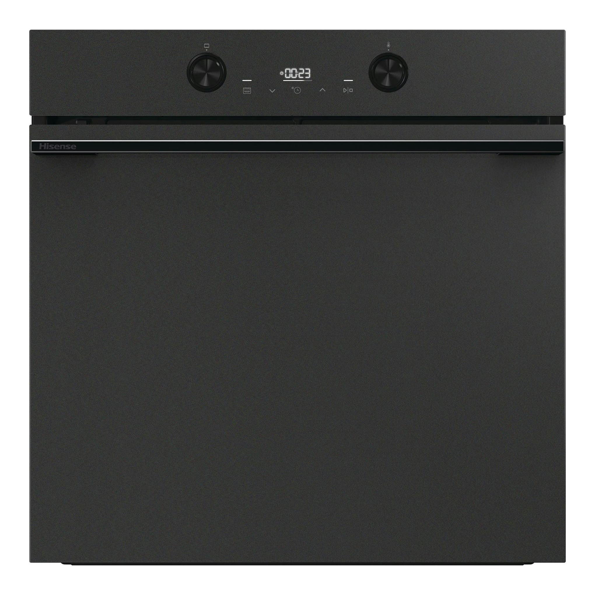 Horno Hisense BI64223EPMB negro mate, vista frontal, con dos mandos y display digital.