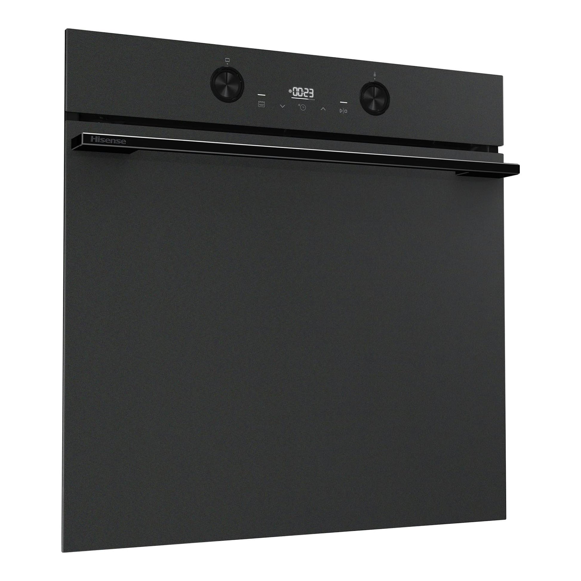 Horno Hisense BI64223EPMB negro mate, vista frontal, con panel digital y dos mandos.