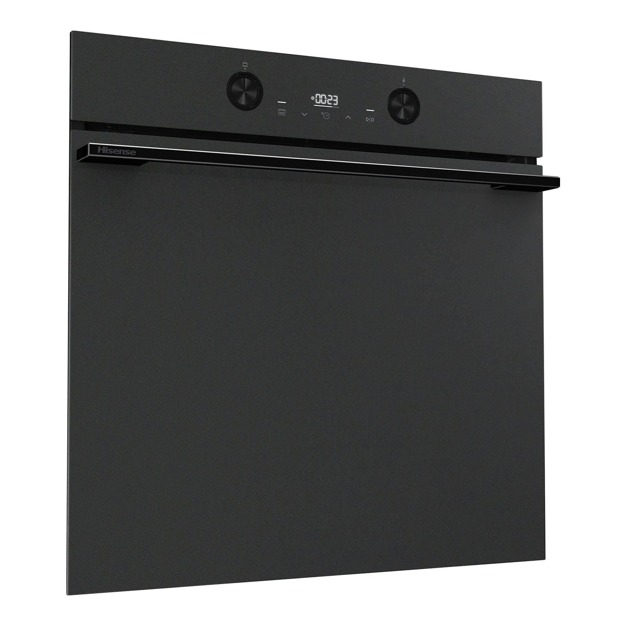 Horno Hisense BI64223EPMB negro mate, vista frontal, con panel digital y dos mandos.