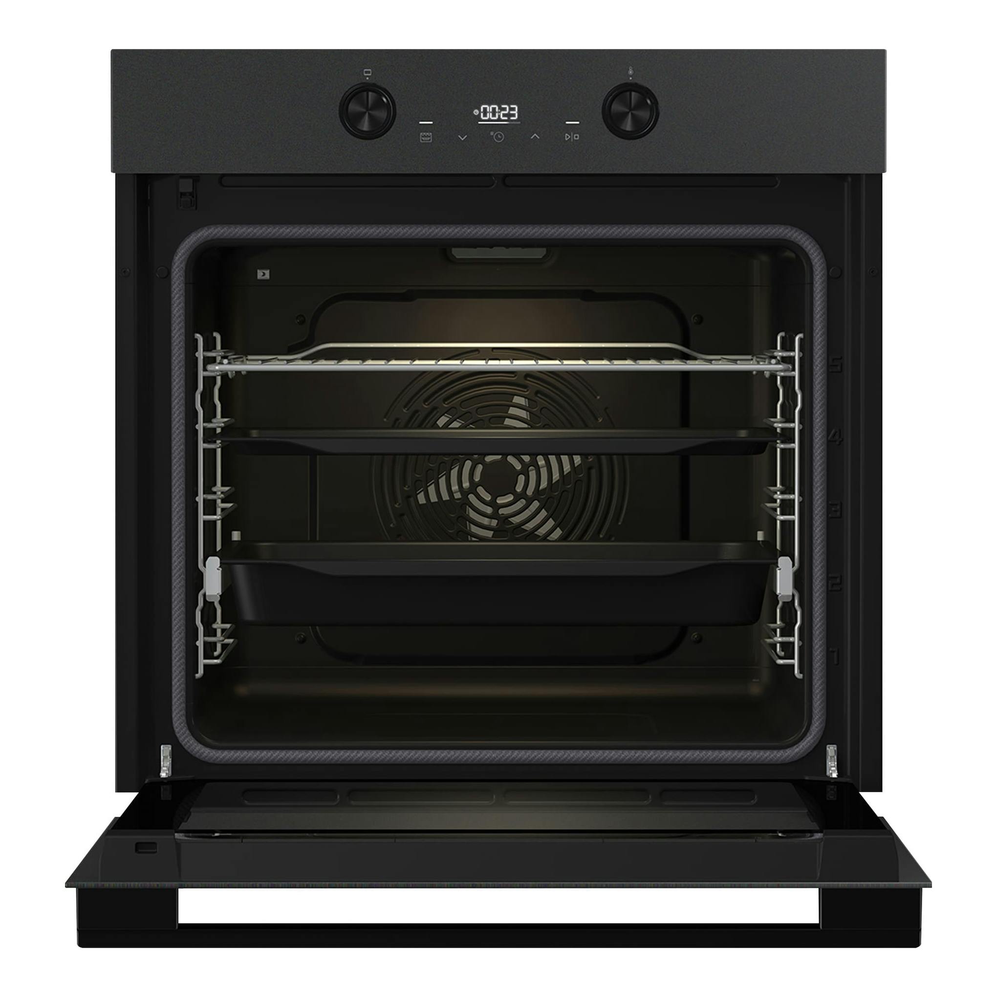 Horno Hisense BI64223EPMB negro mate, vista frontal con puerta abatida y panel digital.