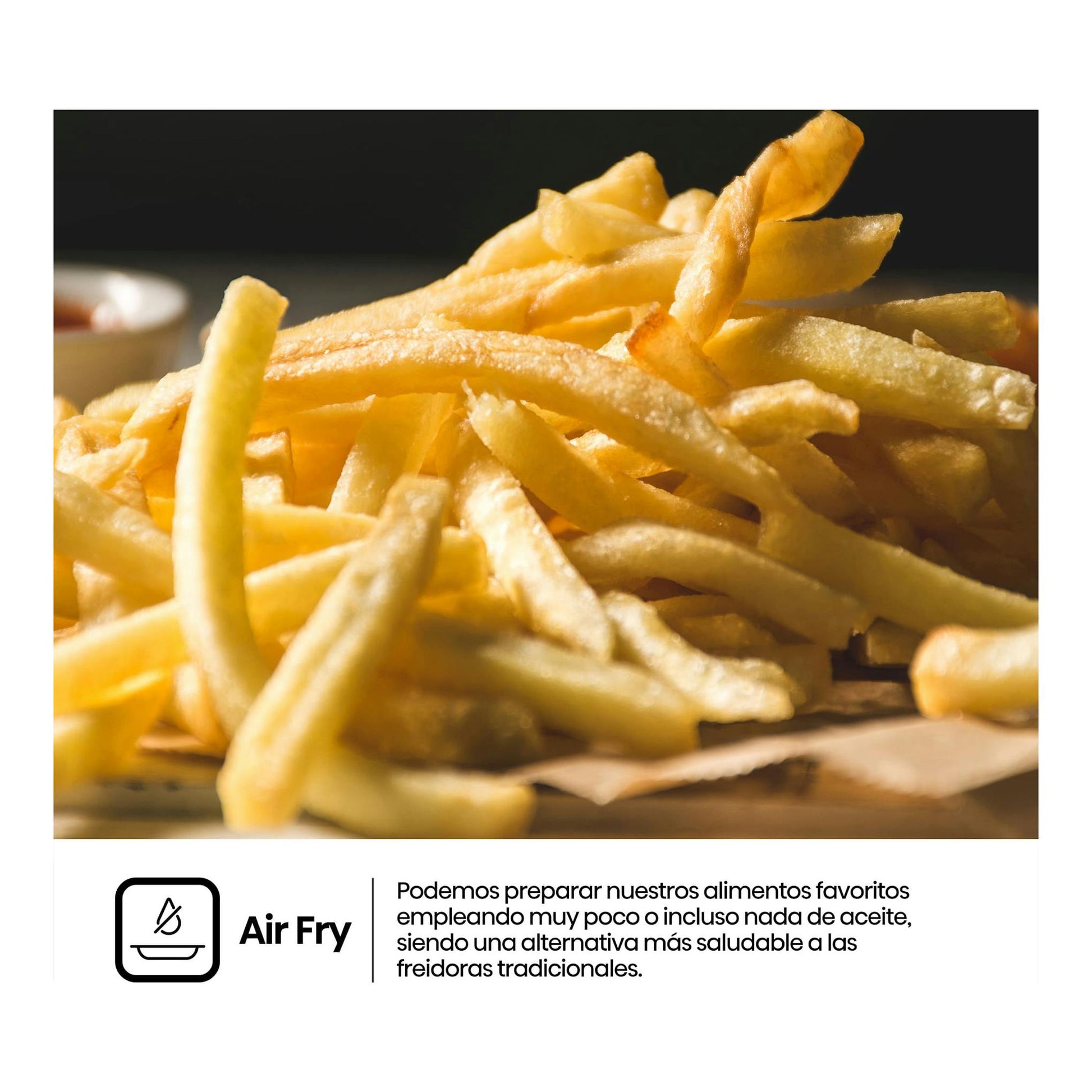 Hisense BI64223EPMB: papas fritas en primer plano y texto «Air Fry» sobre fondo oscuro.