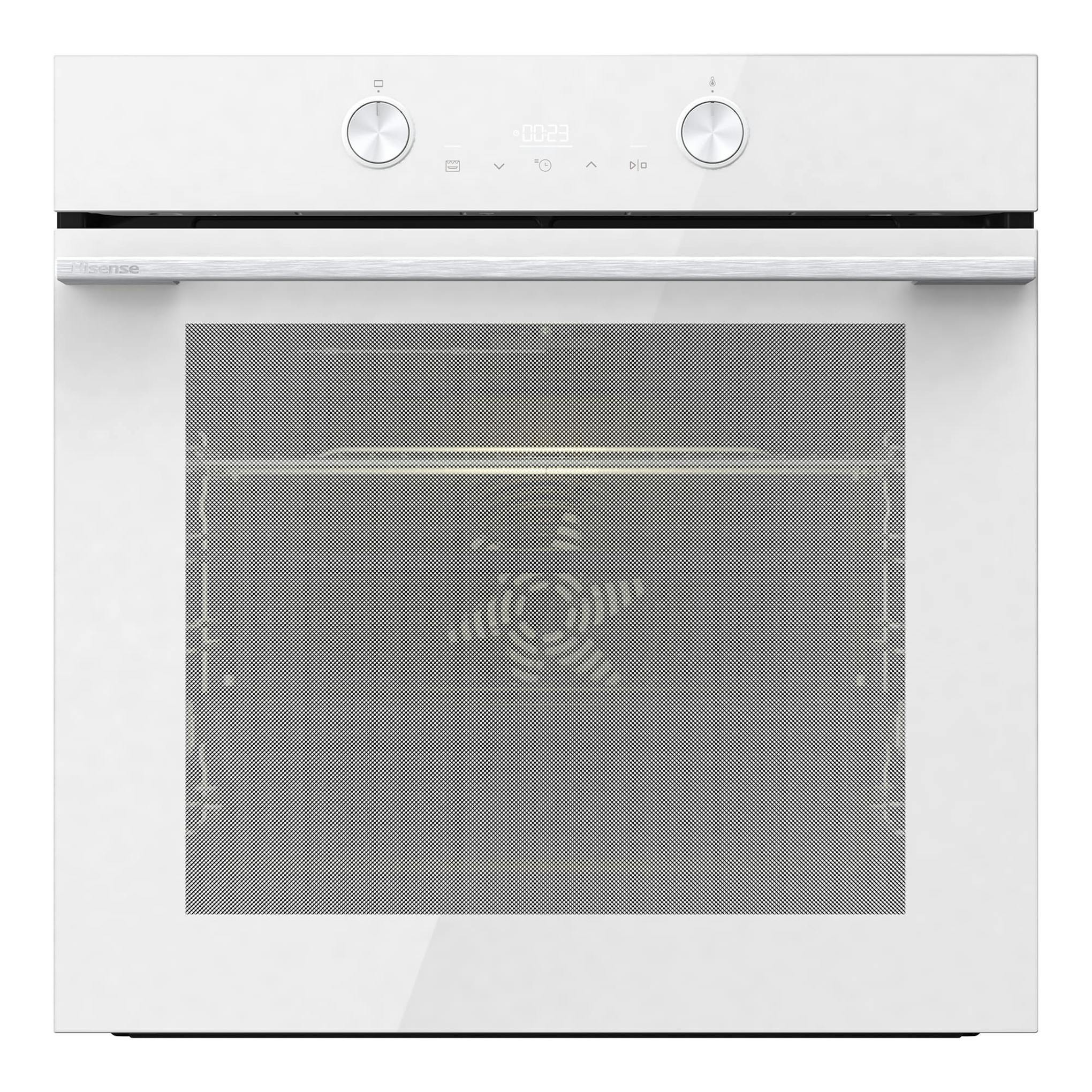 Horno Hisense BI64223EPWG blanco, vista frontal, con dos mandos y puerta de cristal.