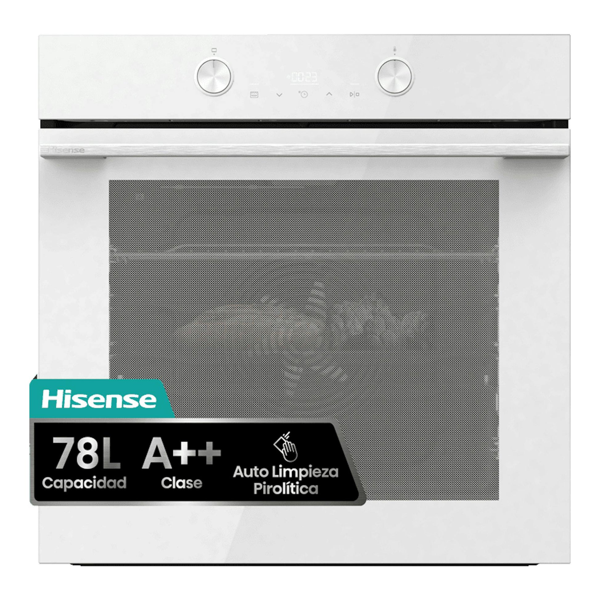 Horno Hisense BI64223EPWG blanco, vista frontal, con puerta de cristal y dos mandos superiores.
