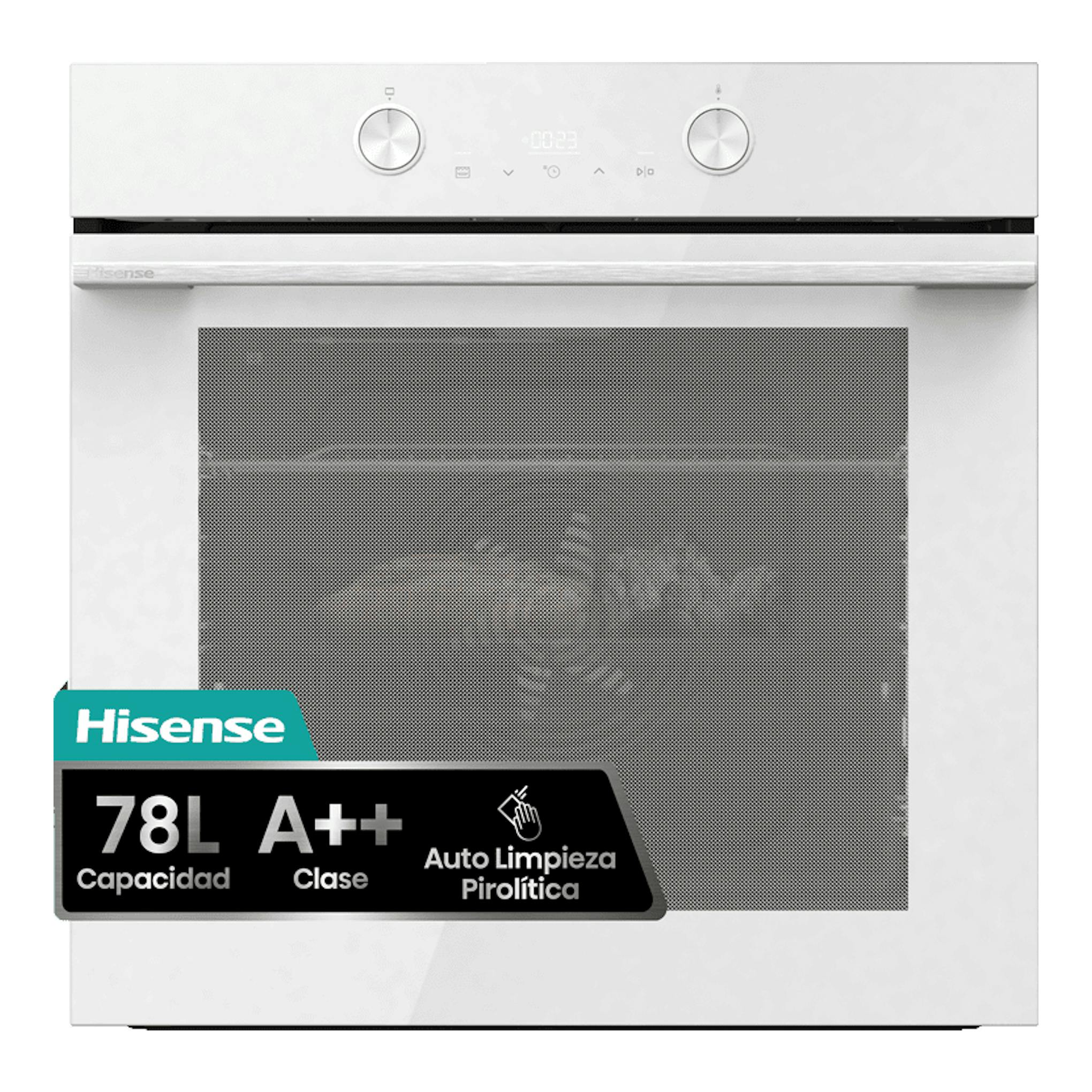 Horno Hisense BI64223EPWG blanco, vista frontal, con puerta de cristal y dos mandos superiores.