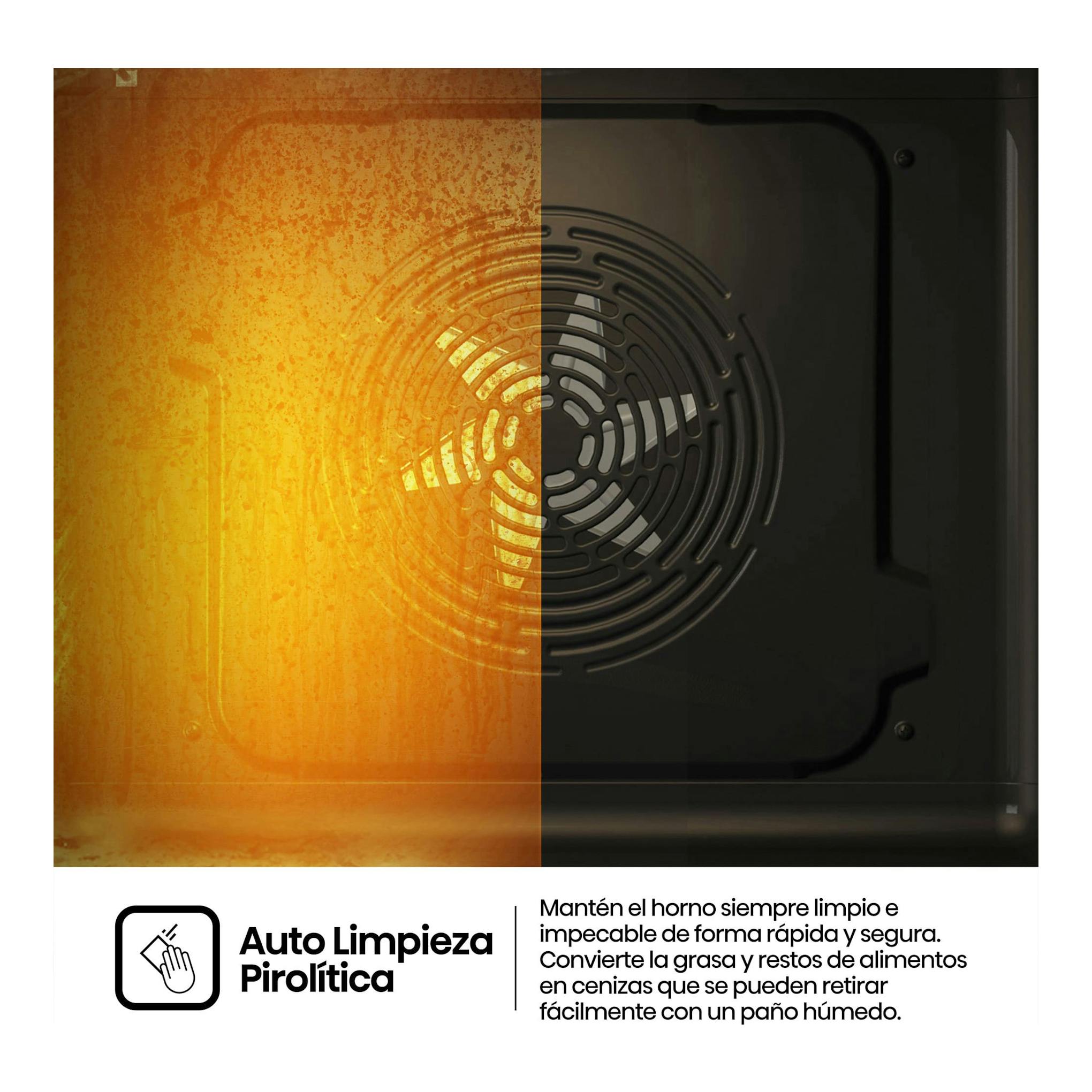 Horno Hisense BI64223EPWG, interior con ventilador circular y gráfico de autolimpieza pirolítica.