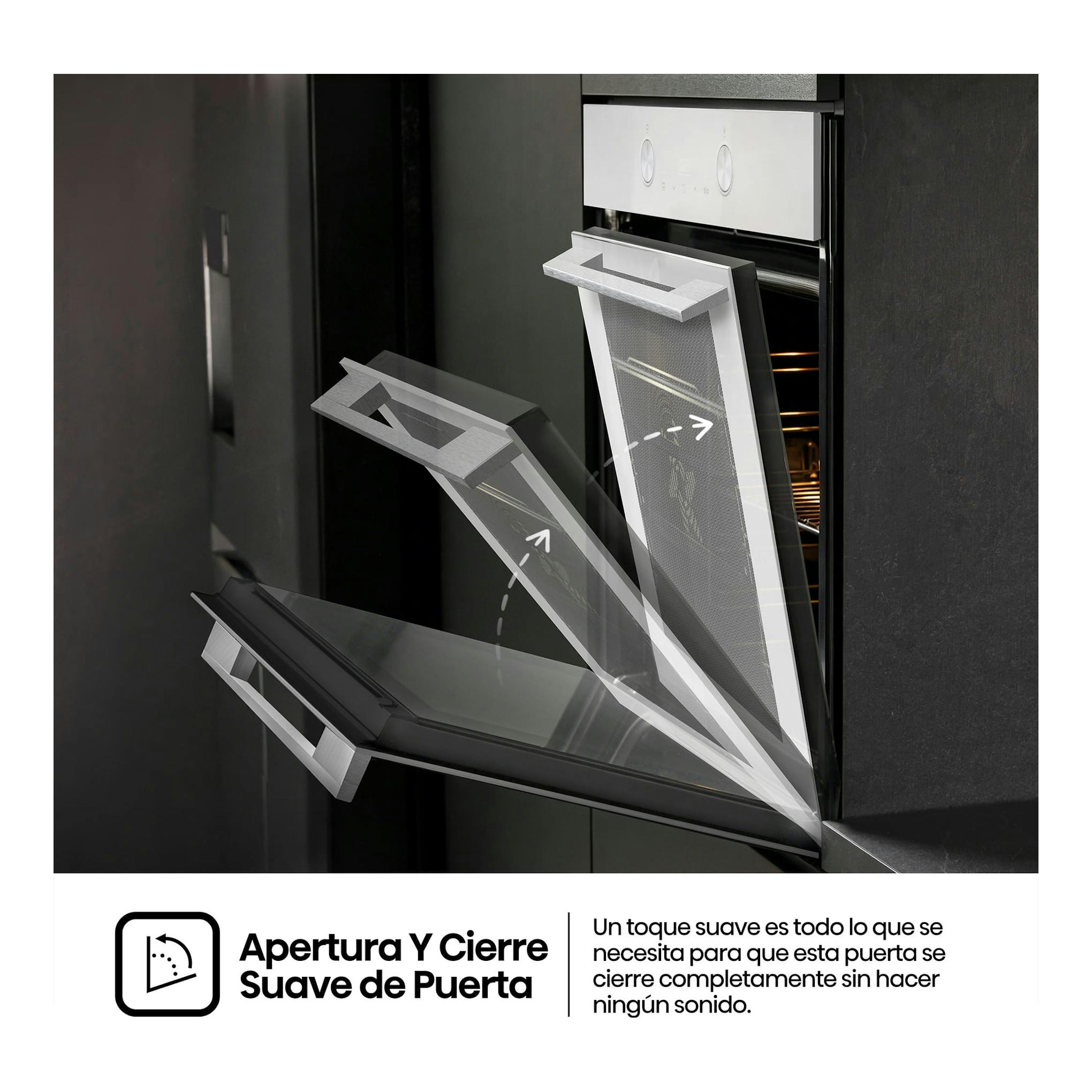 Horno Hisense BI64223EPWG empotrado, frontal blanco y negro, puerta abatible abierta con cierre suave.