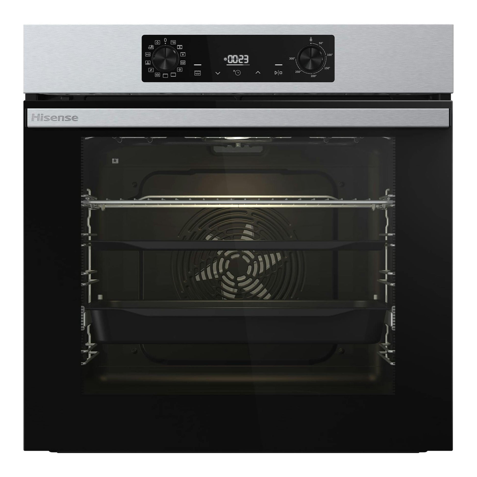 Horno Hisense BI64223EPX, frontal, acabado inox y vidrio negro, con interior visible y puerta abierta.