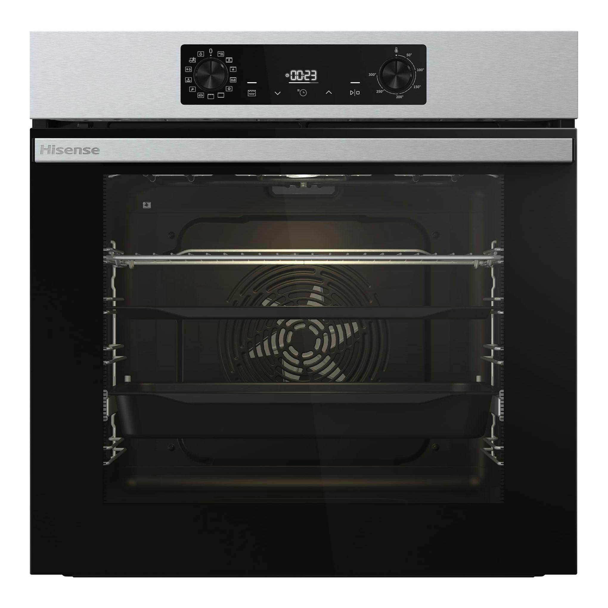 Horno Hisense BI64223EPX, frontal, acabado inox y vidrio negro, con interior visible y puerta abierta.