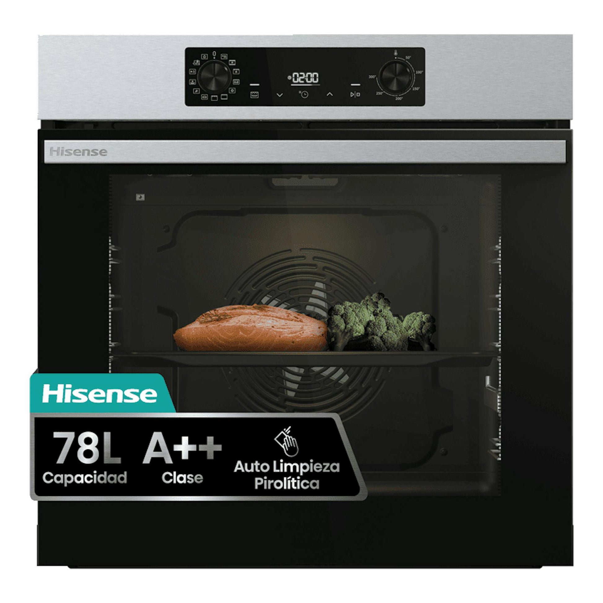 Horno Hisense BI64223EPX de acero inoxidable, vista frontal, panel negro con mandos y pantalla digital.