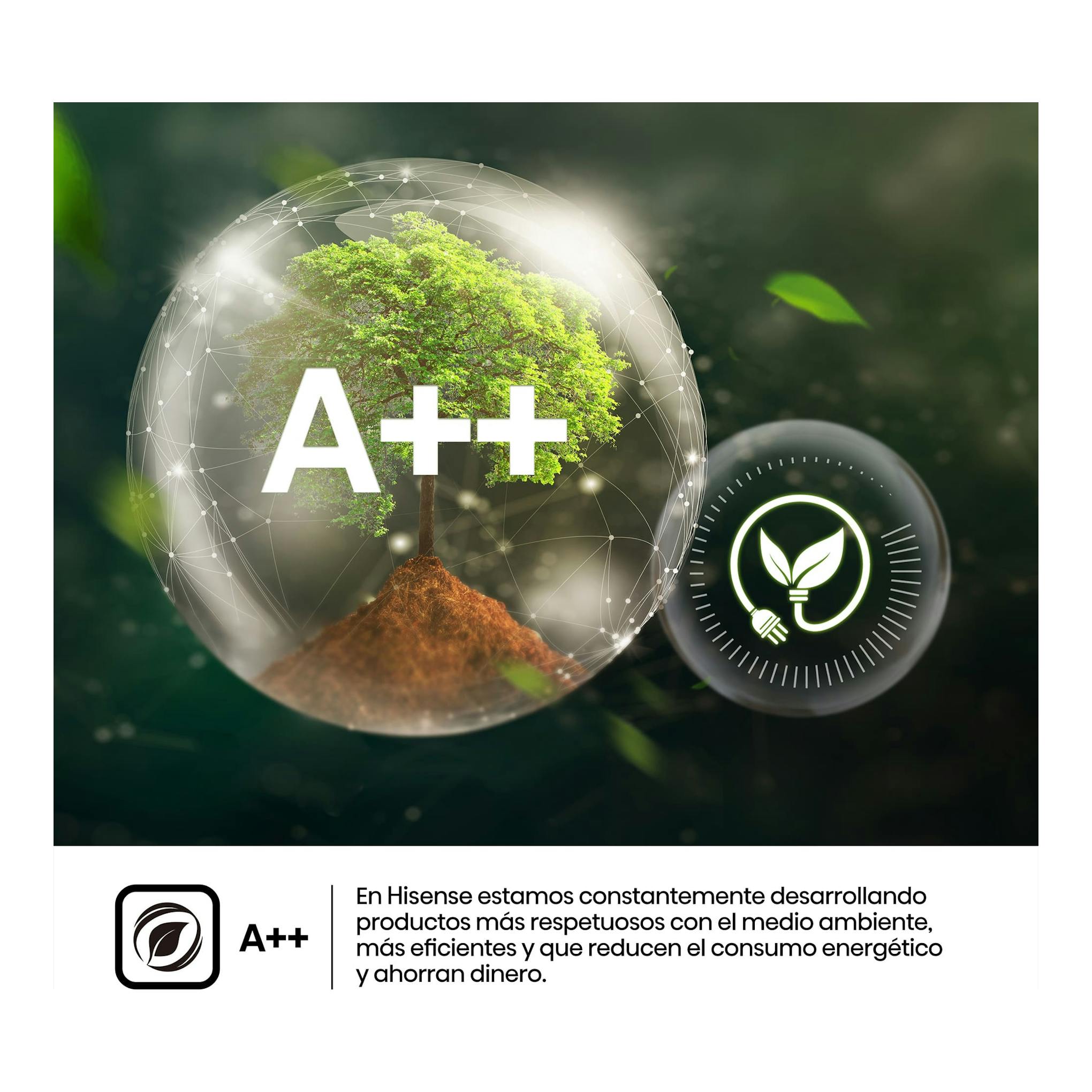 Imagen promocional de Hisense con etiqueta energética A+++ y un árbol sobre fondo verde oscuro.