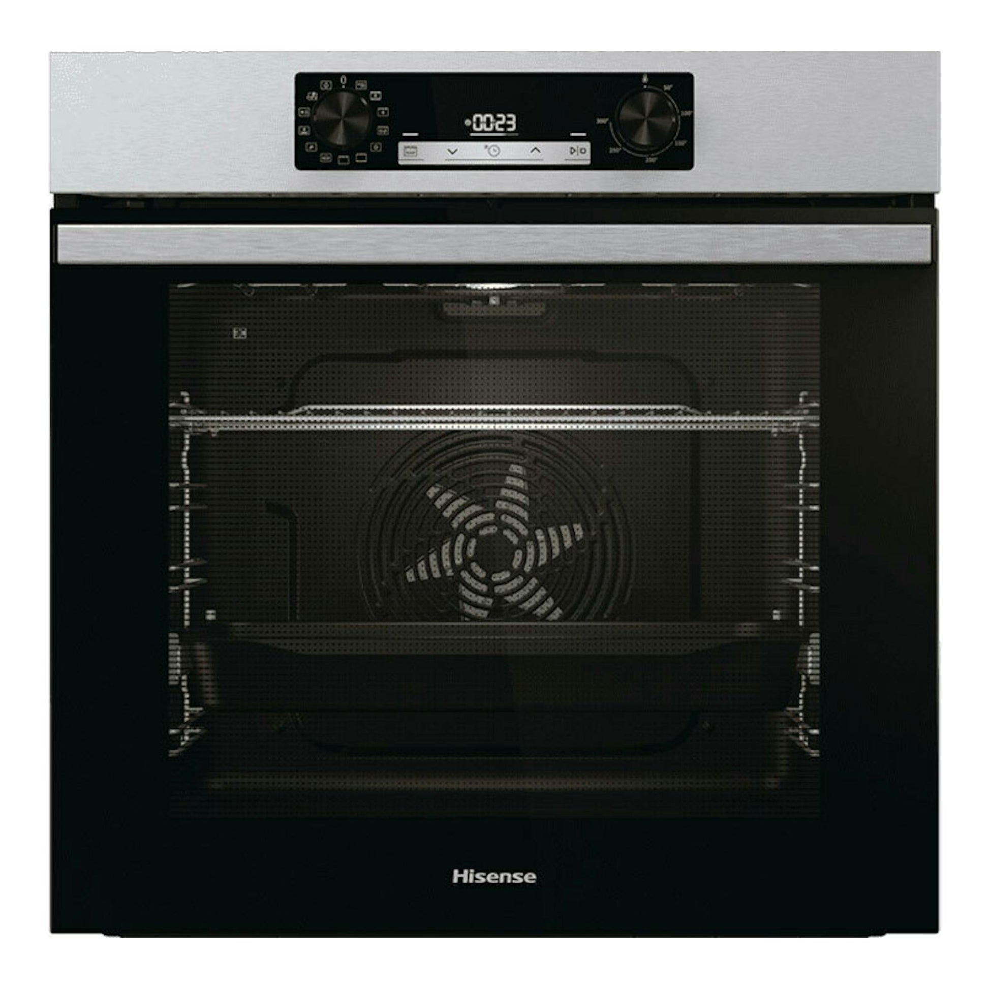 Horno Hisense BI64EPXE1SOL inox, vista frontal, puerta de cristal negro y panel superior con mandos plateados.