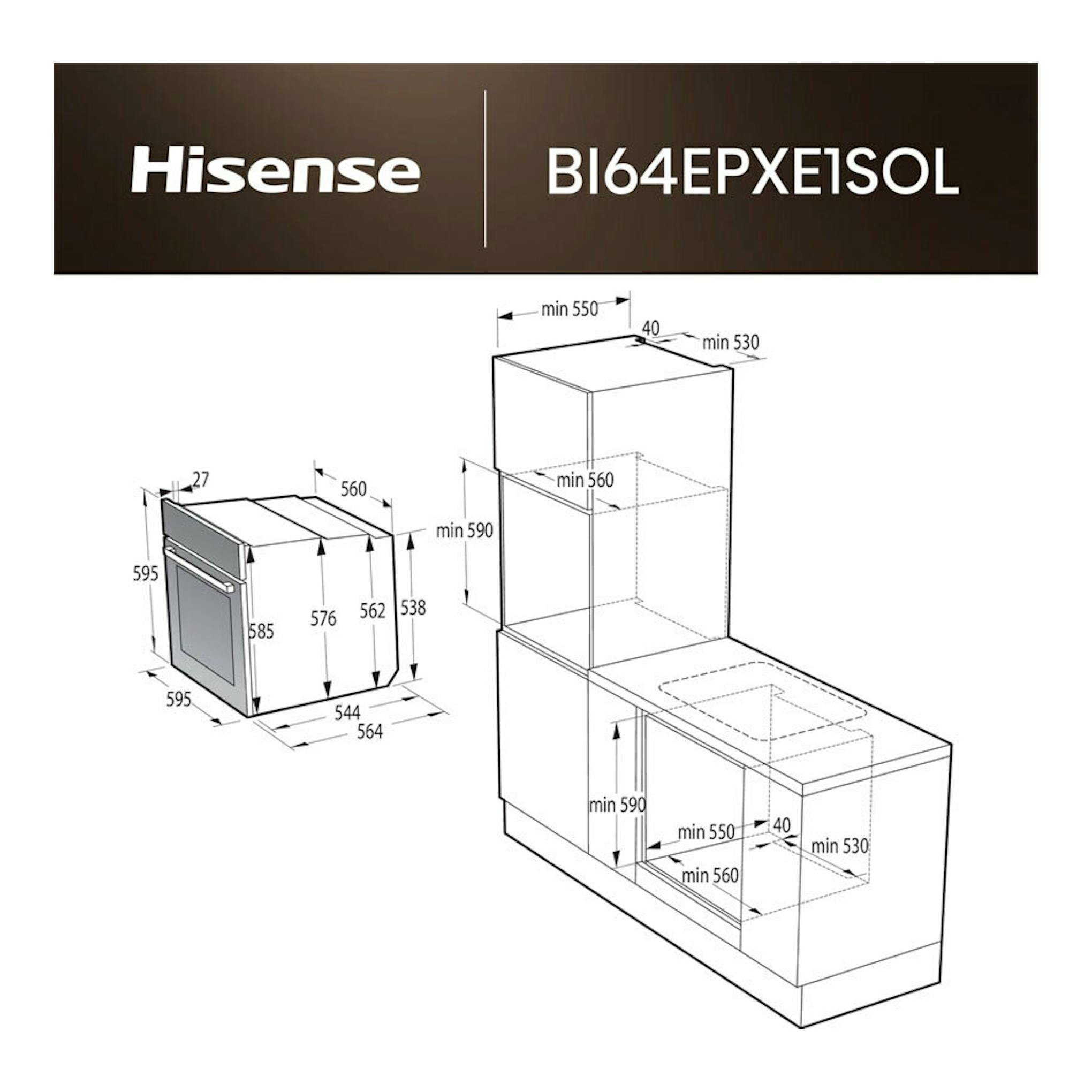 Esquema técnico del horno empotrable Hisense BI64EPXE1SOL inox, con medidas y vista frontal/lateral.