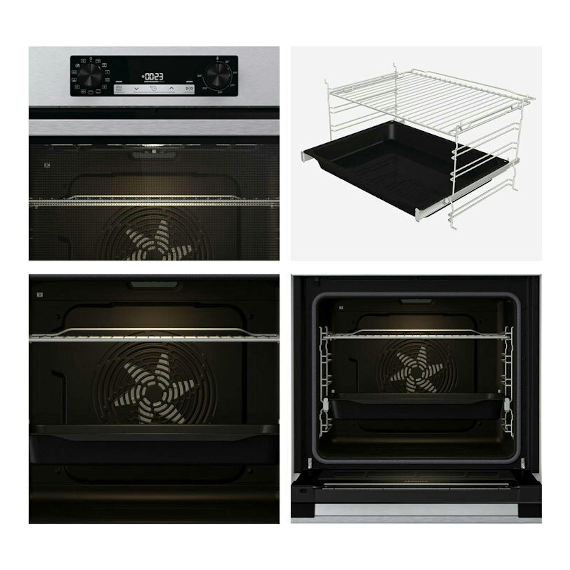 Collage del horno Hisense BI64EPXE1SOL inox: vista frontal, interior negro con ventilador y bandeja/rejilla.