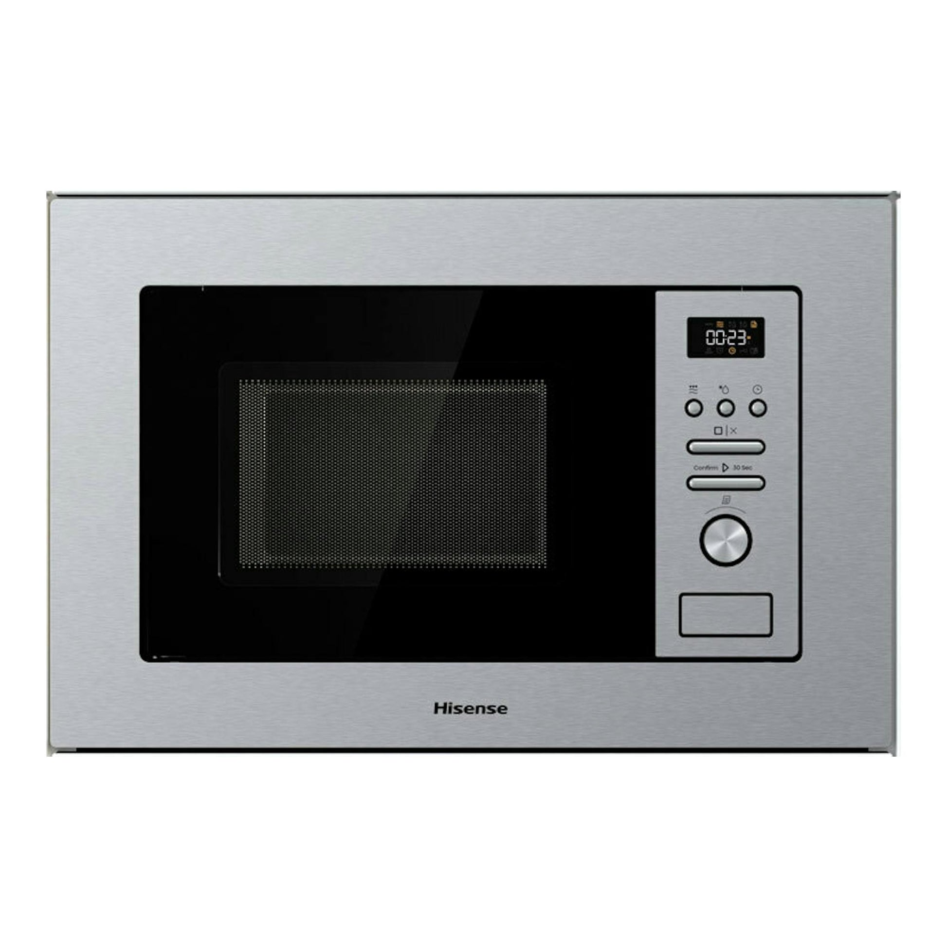 Horno empotrable Hisense BIM320G41X en inox, frontal negro con panel digital a la derecha.