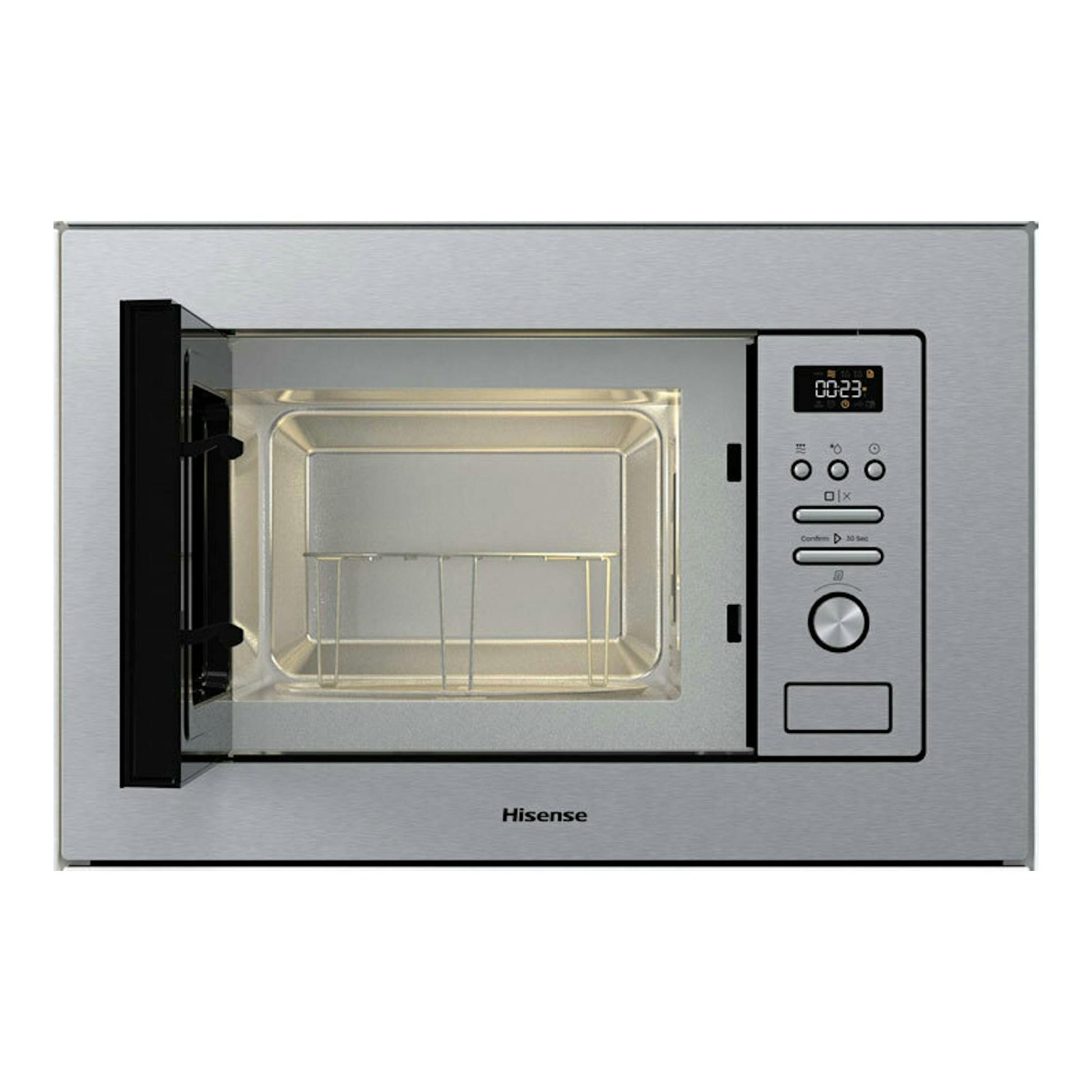 Horno Hisense BIM320G41X inox, vista frontal, puerta abierta y panel de control digital a la derecha.