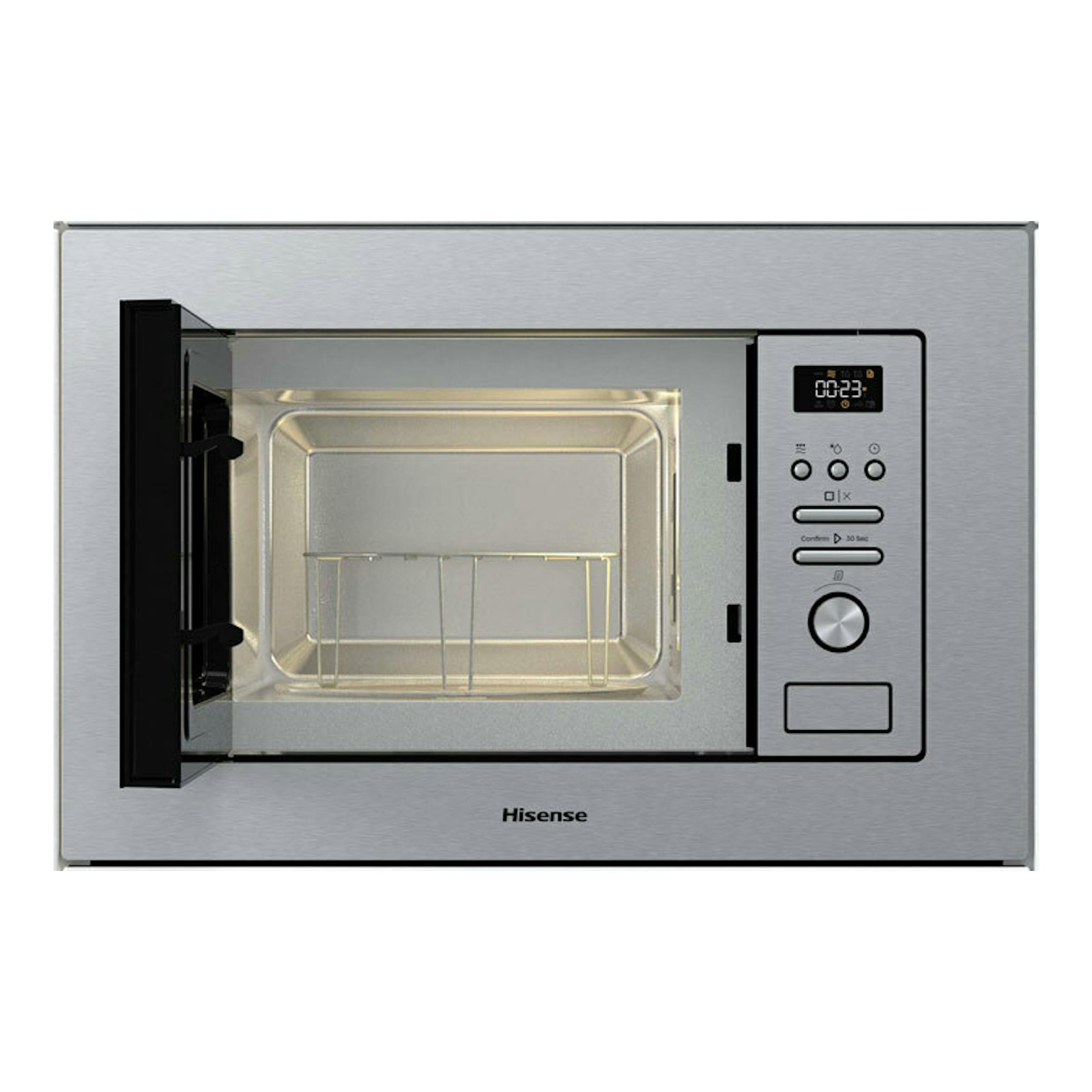 Horno Hisense BIM320G41X inox, vista frontal, puerta abierta y panel de control digital a la derecha.