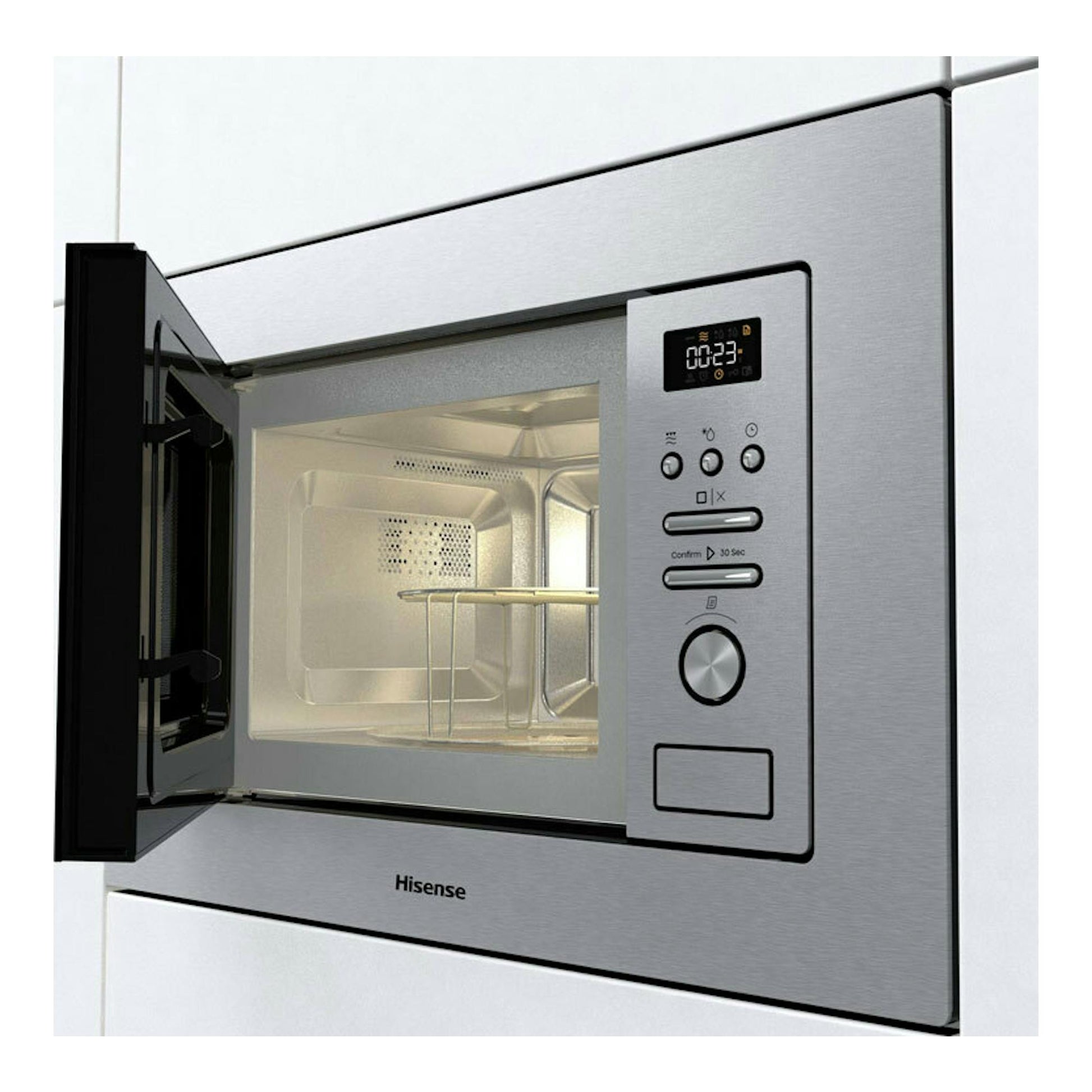 Horno Hisense BIM320G41X inox, vista frontal inclinada, puerta abierta y panel digital plateado.