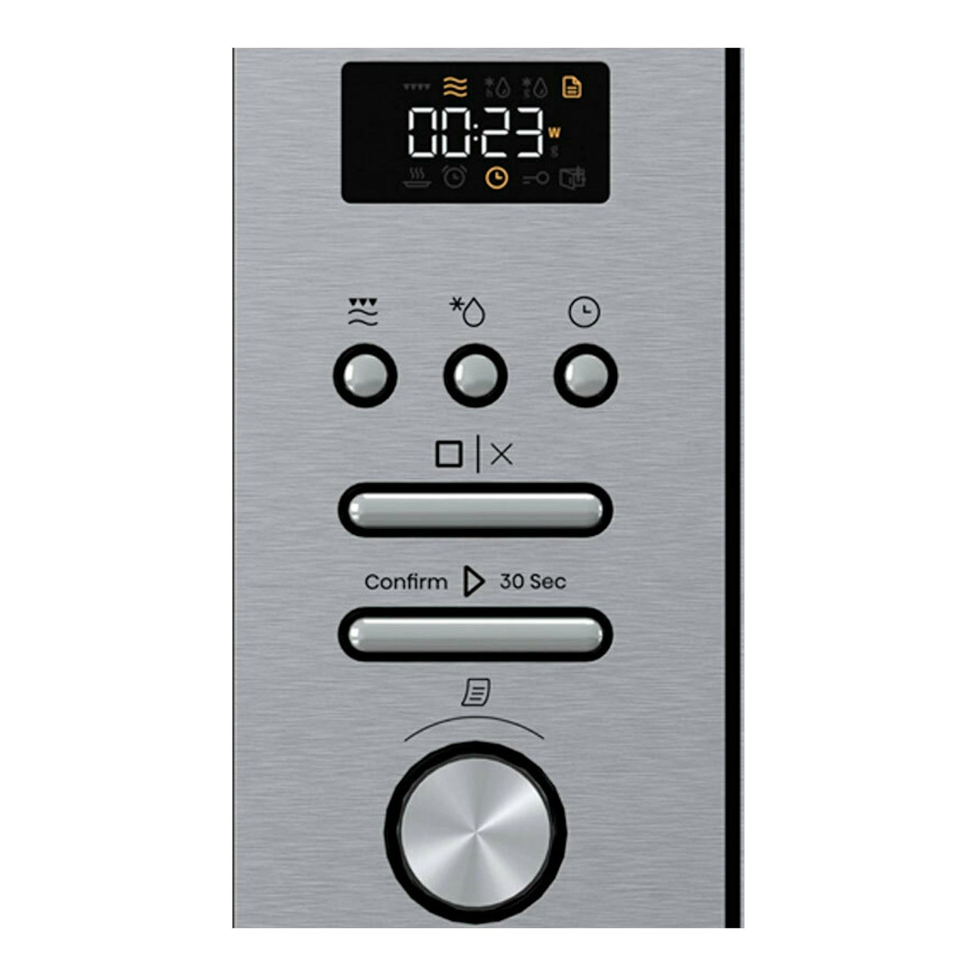 Panel frontal de horno Hisense BIM320G41X inox, con pantalla digital, botones y selector giratorio.