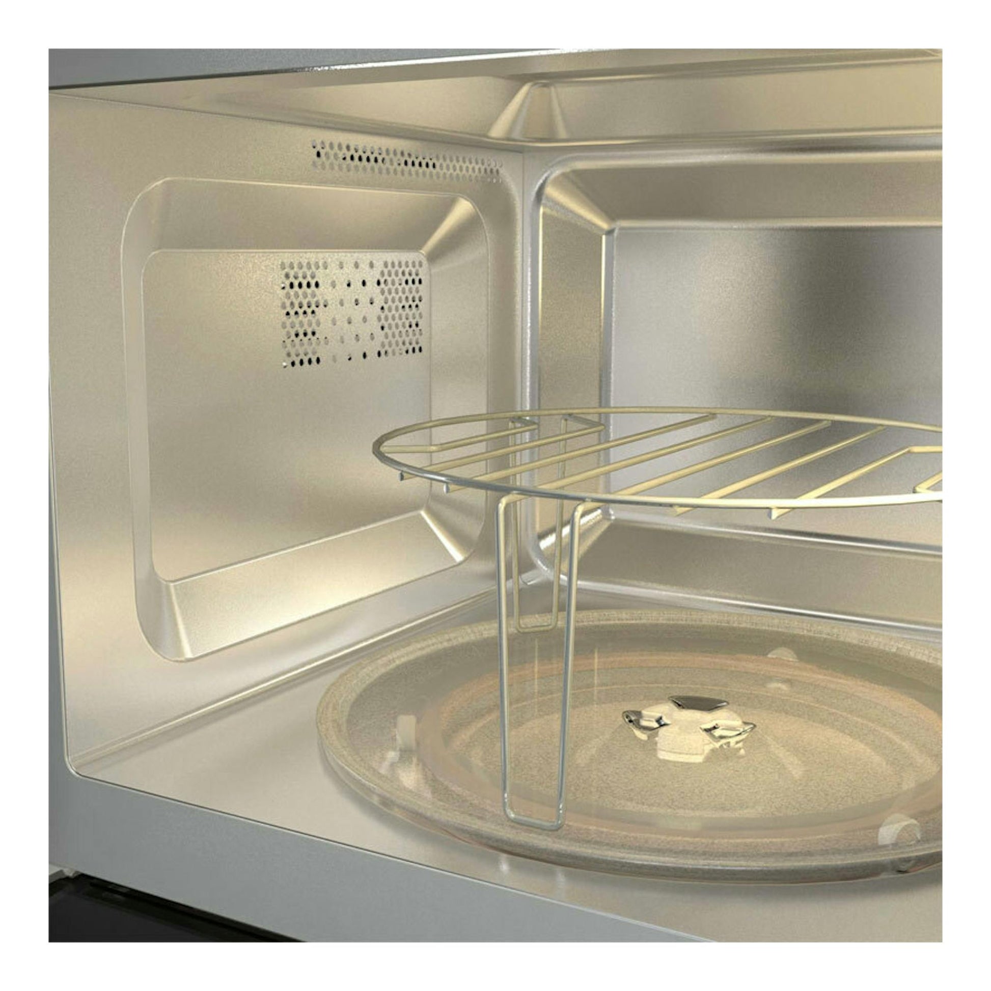 Interior de horno Hisense BIM320G41X inox, con plato giratorio y rejilla, vista frontal.