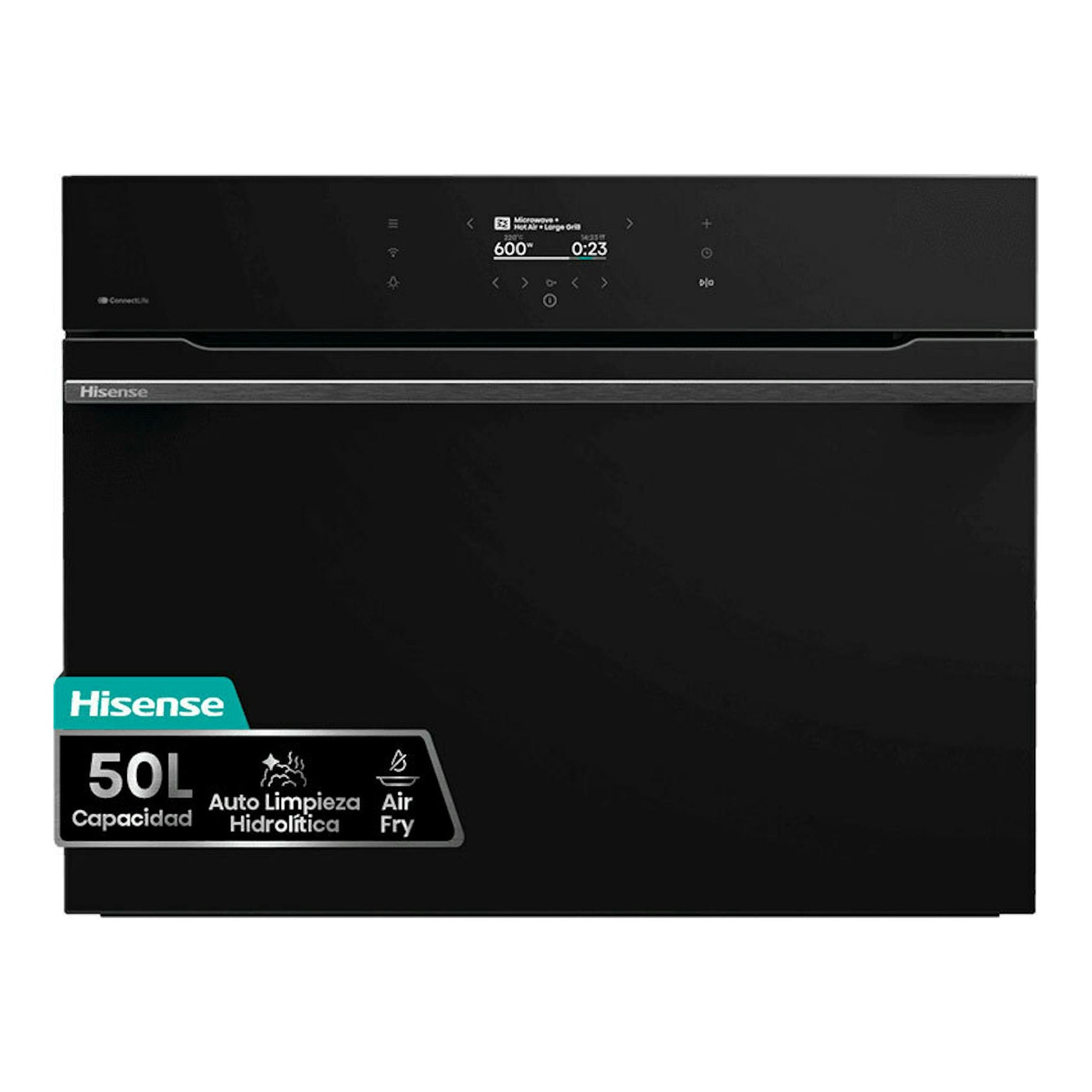 Horno Hisense BIM406A8B negro, vista frontal, con panel digital superior y puerta de vidrio.