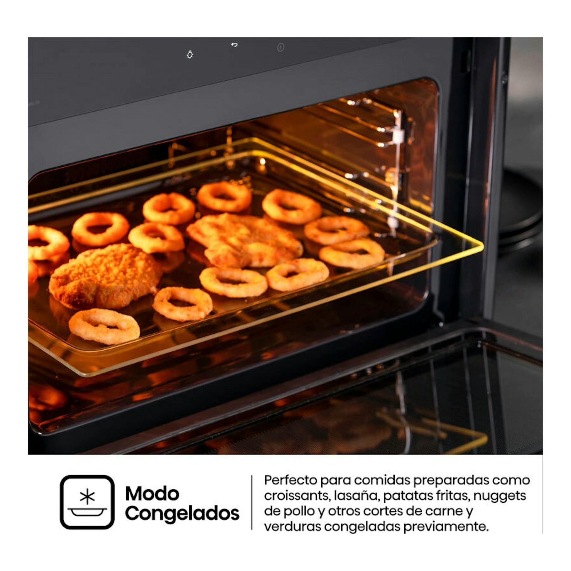 Horno Hisense BIM406A8B negro, vista frontal con puerta abierta e interior con bandeja y comida congelada.