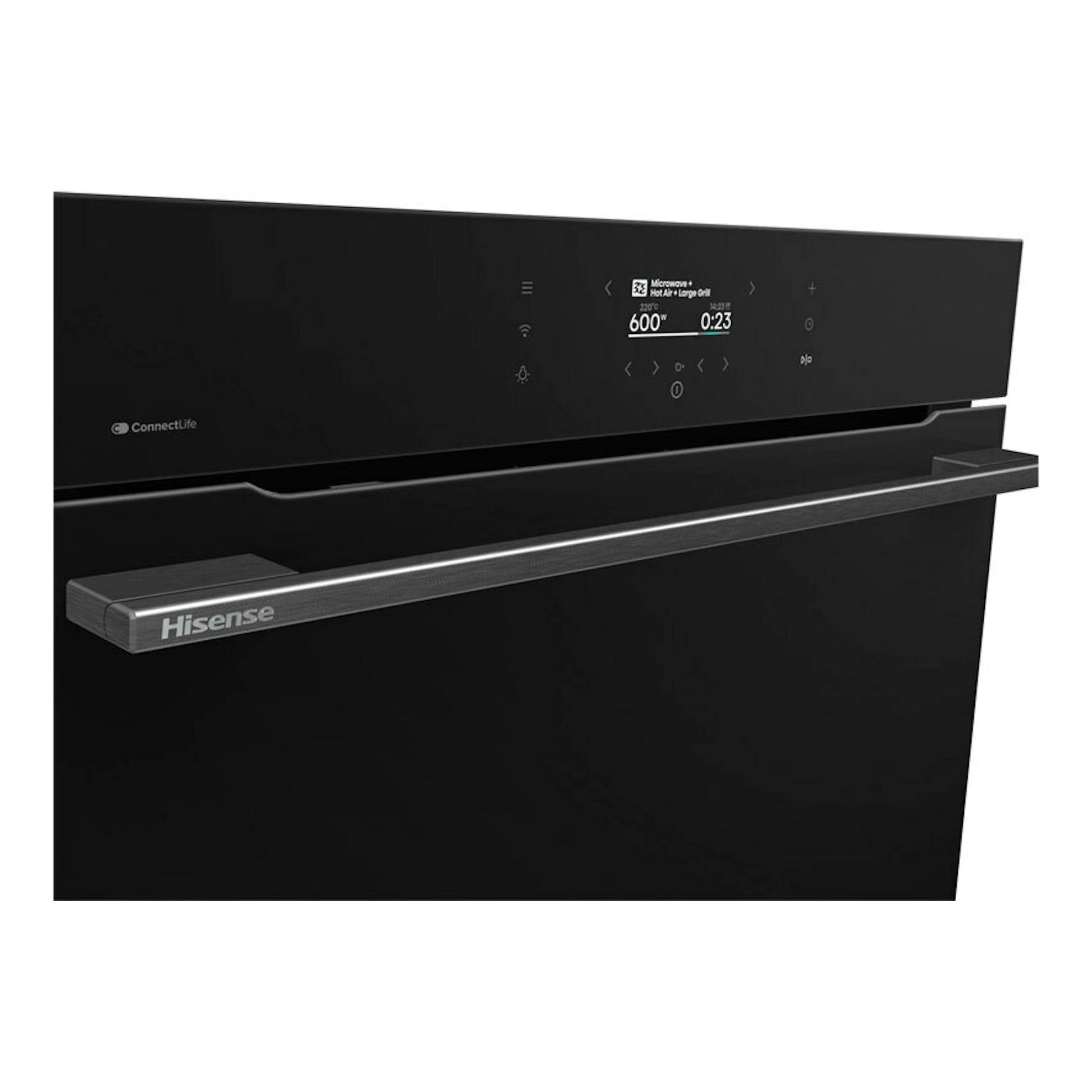 Horno empotrable Hisense BIM406A8B negro, vista frontal con panel digital y tirador horizontal.