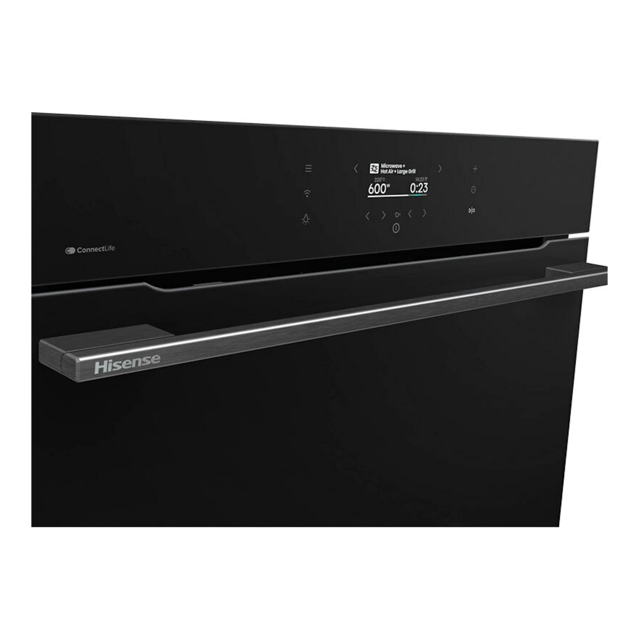 Horno empotrable Hisense BIM406A8B negro, vista frontal con panel digital y tirador horizontal.