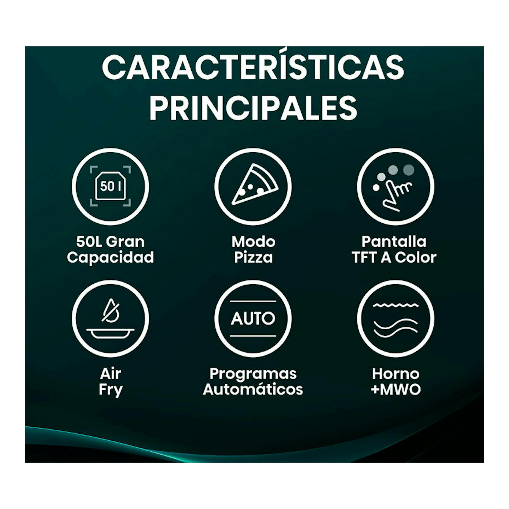Infografía del horno Hisense BIM406A8B negro con 50 l, modo pizza, pantalla TFT a color, Air Fry y programas automáticos.