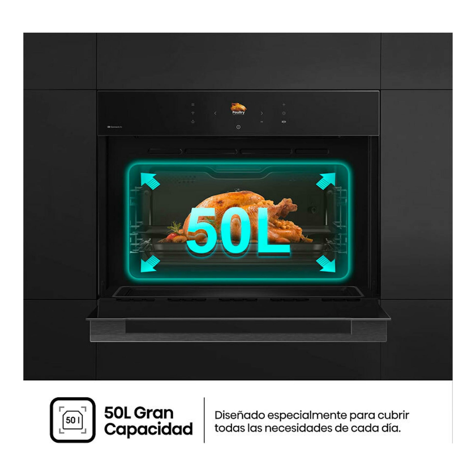 Horno empotrado Hisense BIM406A8B negro, vista frontal con puerta abierta y pollo asado en el interior.