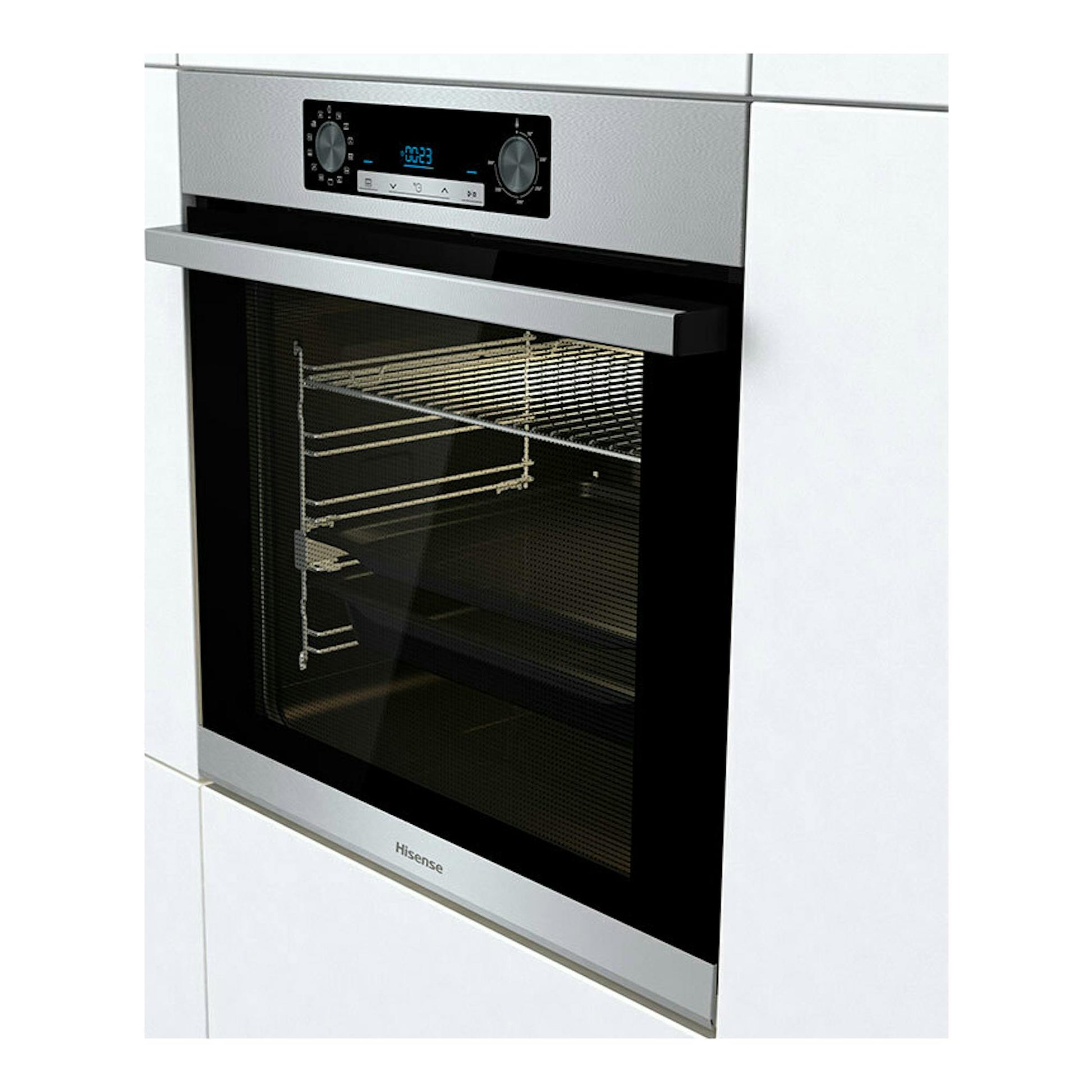 Horno empotrado Hisense BSA65226AX inox, vista frontal inclinada, con puerta de cristal y panel digital.
