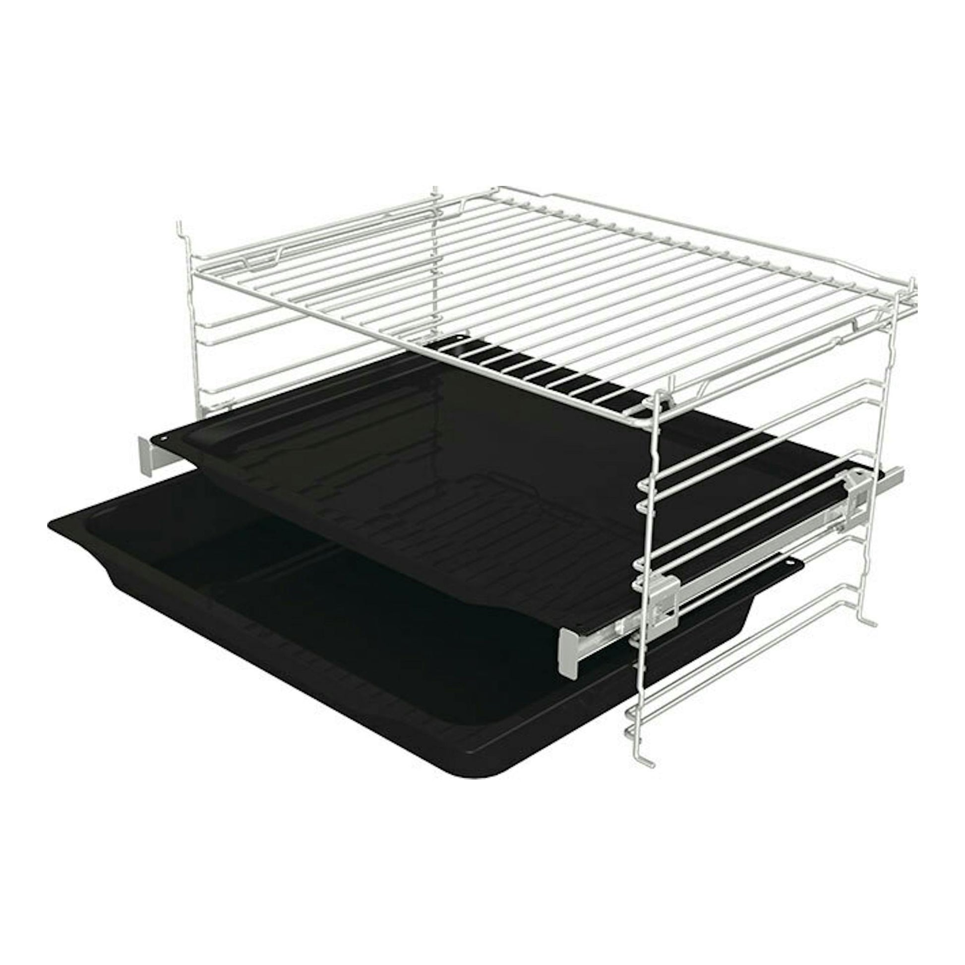 Hisense BSA65226AX Inox: bandejas negras y parrilla metálica de horno, vista isométrica.