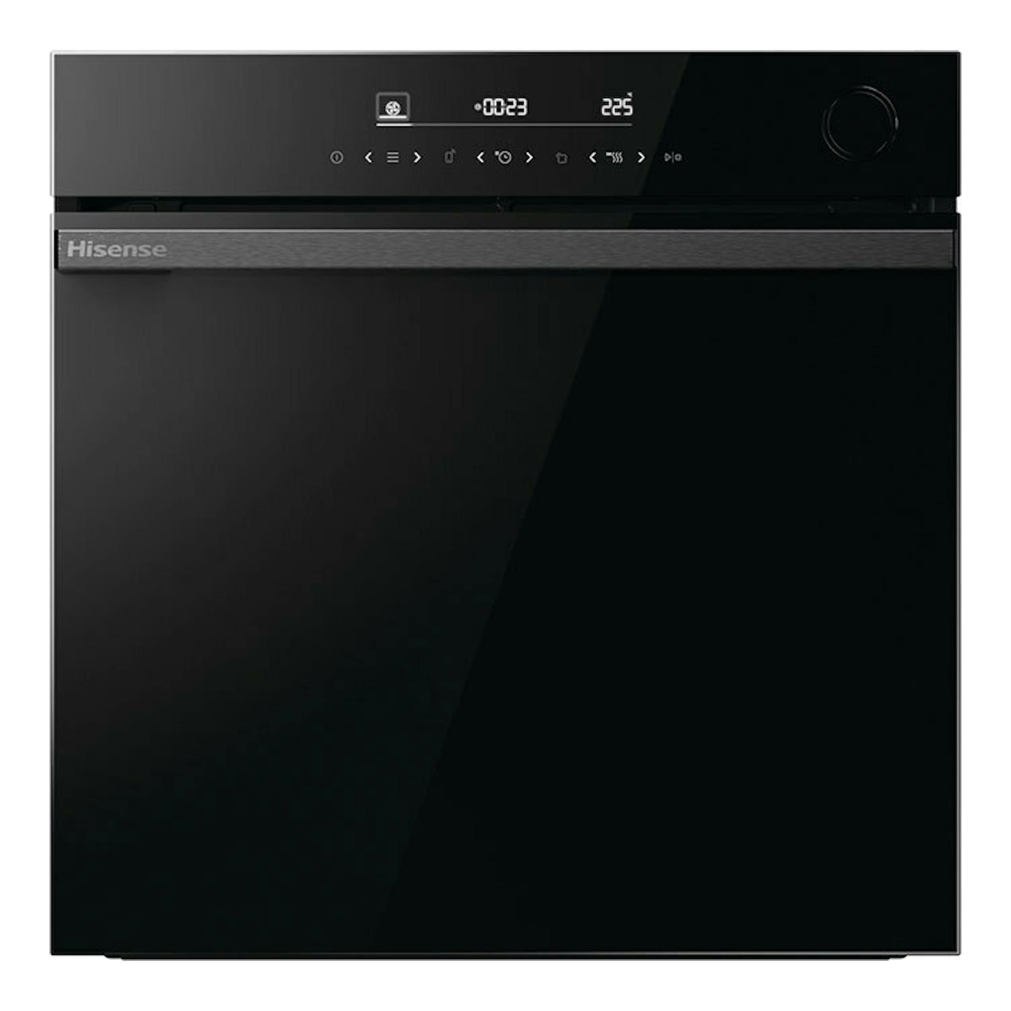 Horno Hisense BSA66346ADBGWIFI de cristal negro, vista frontal con panel digital.