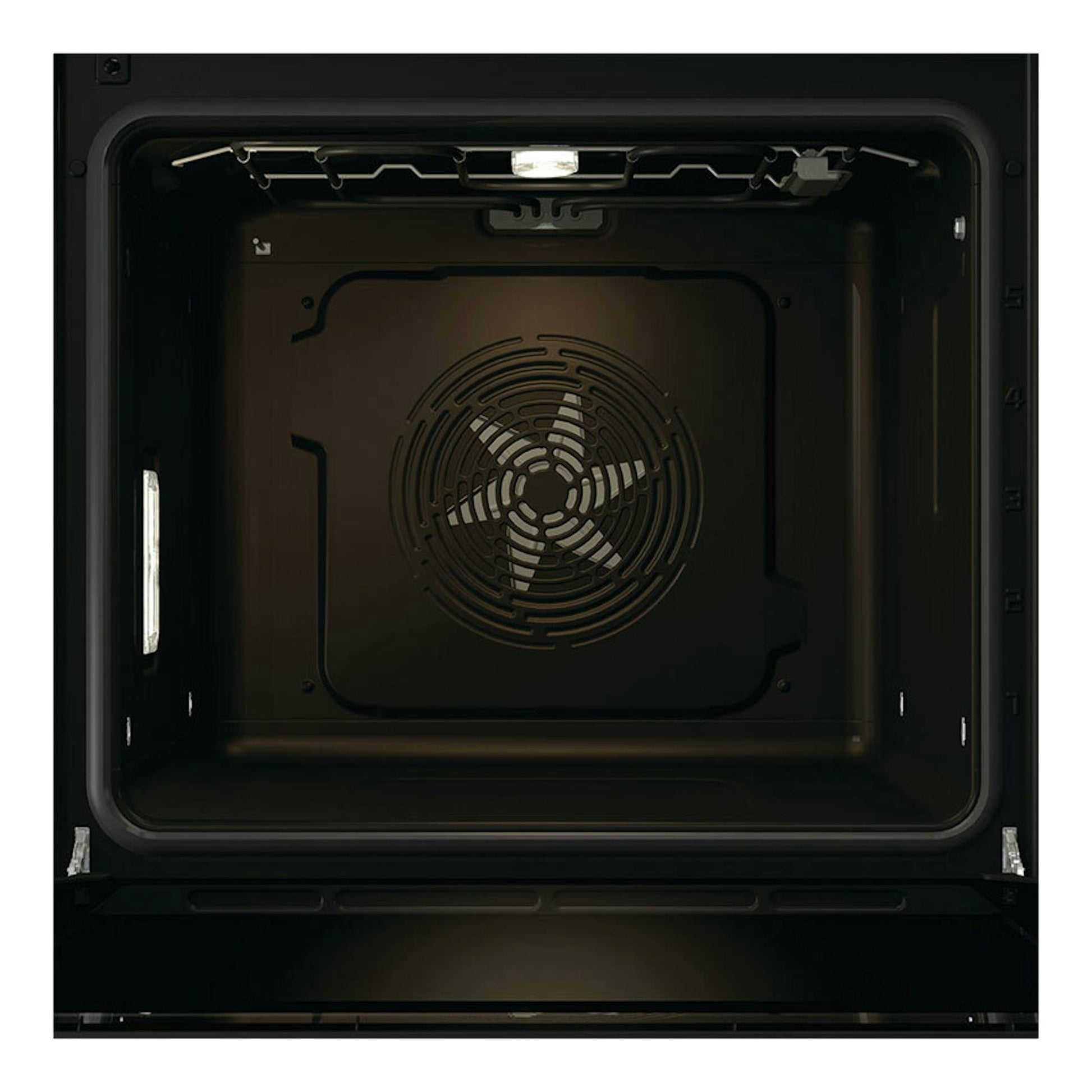 Horno Hisense BSA66346ADBGWIFI negro, vista interior con ventilador central y luz superior.