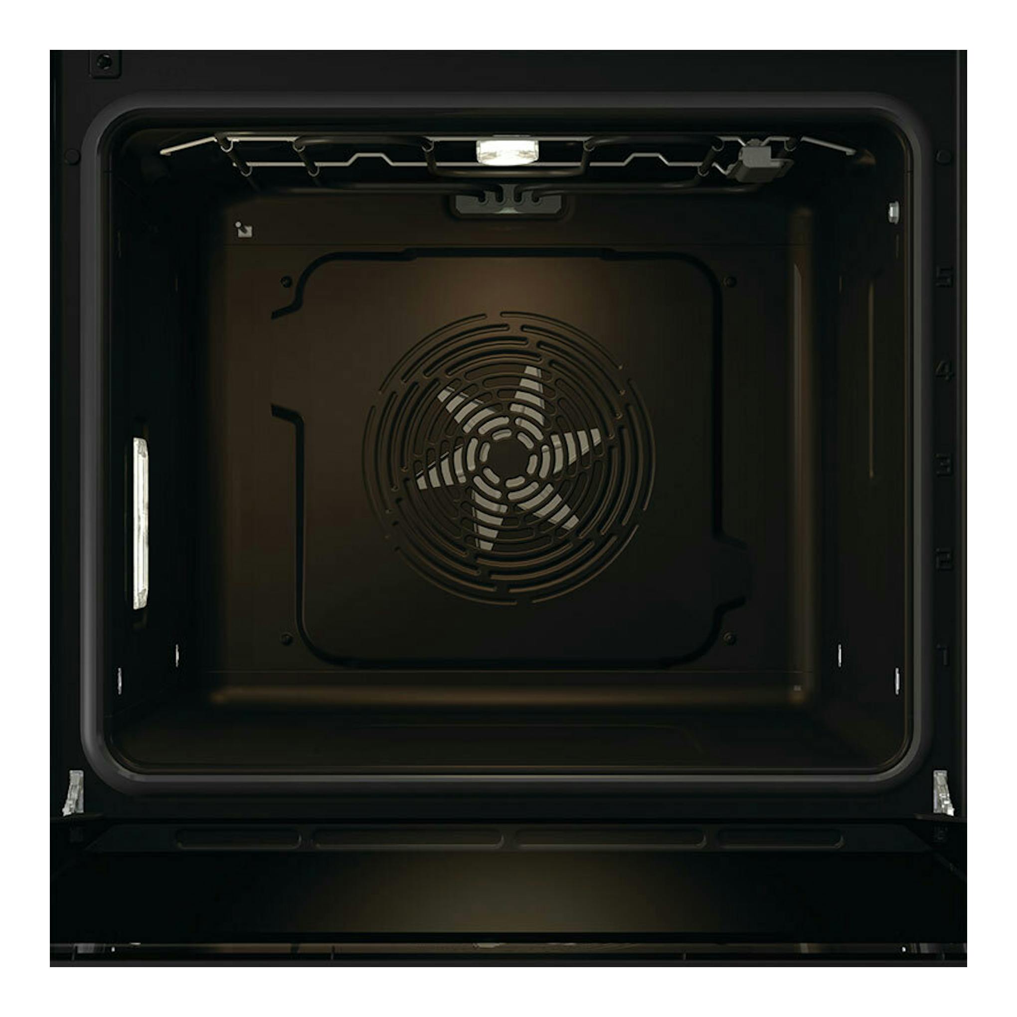 Horno Hisense BSA66346ADBGWIFI negro, vista interior con ventilador central y luz superior.