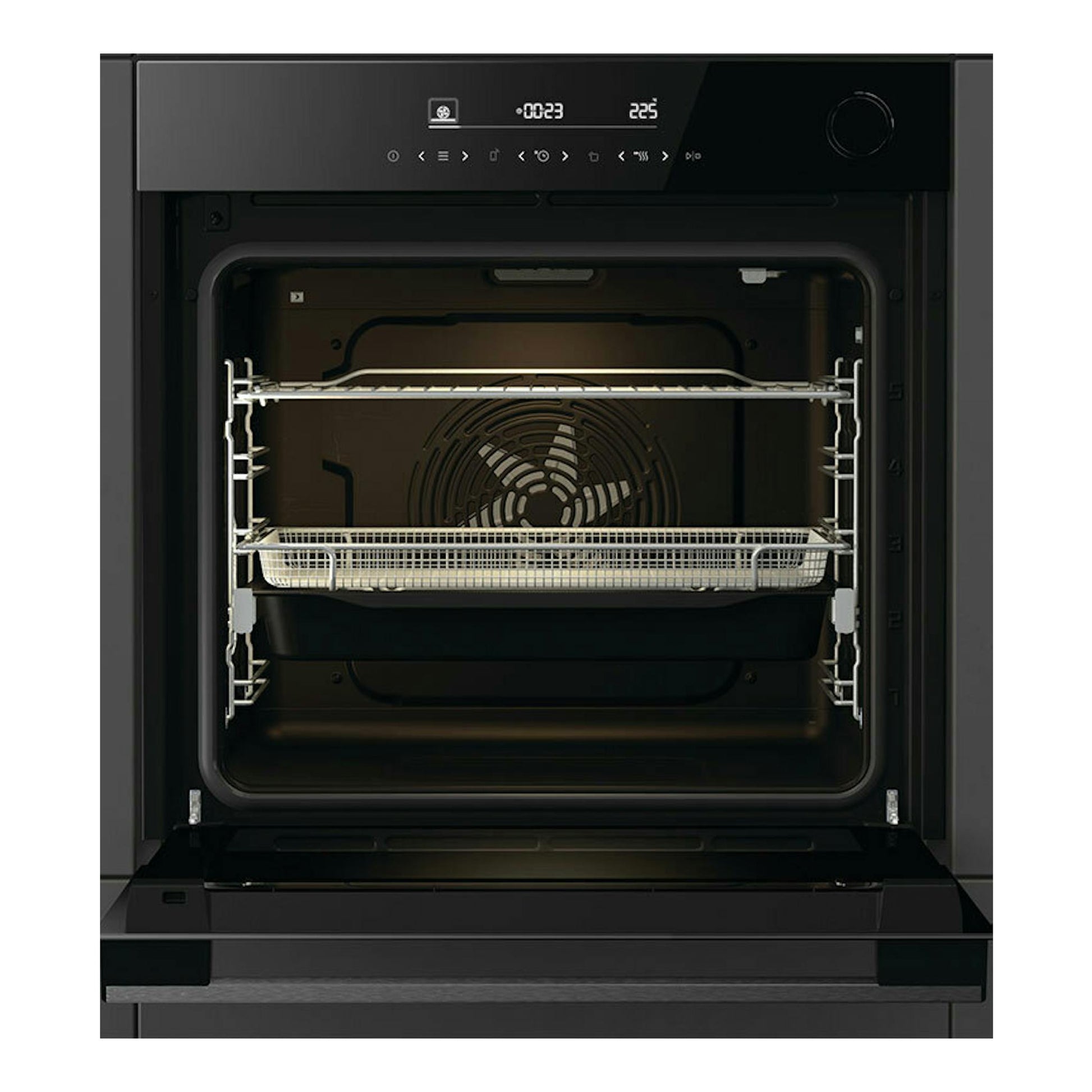 Horno Hisense BSA66346ADBGWIFI de cristal negro, vista frontal con la puerta abierta e interior visible.