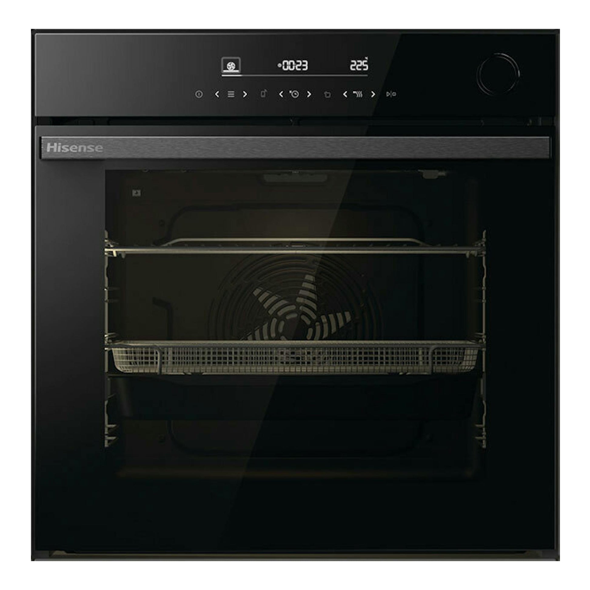 Horno empotrado Hisense BSA66346ADBGWIFI de cristal negro, vista frontal con panel digital y selector.