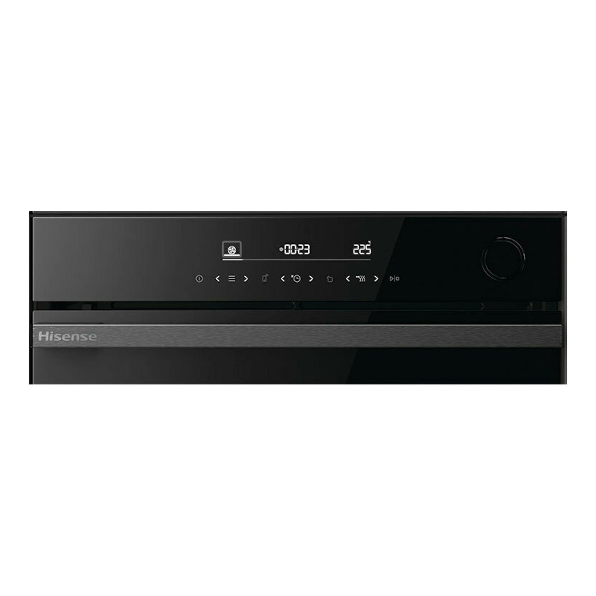 Horno empotrado Hisense BSA66346PBGWIFI negro, vista frontal, con panel digital y mando a la derecha.