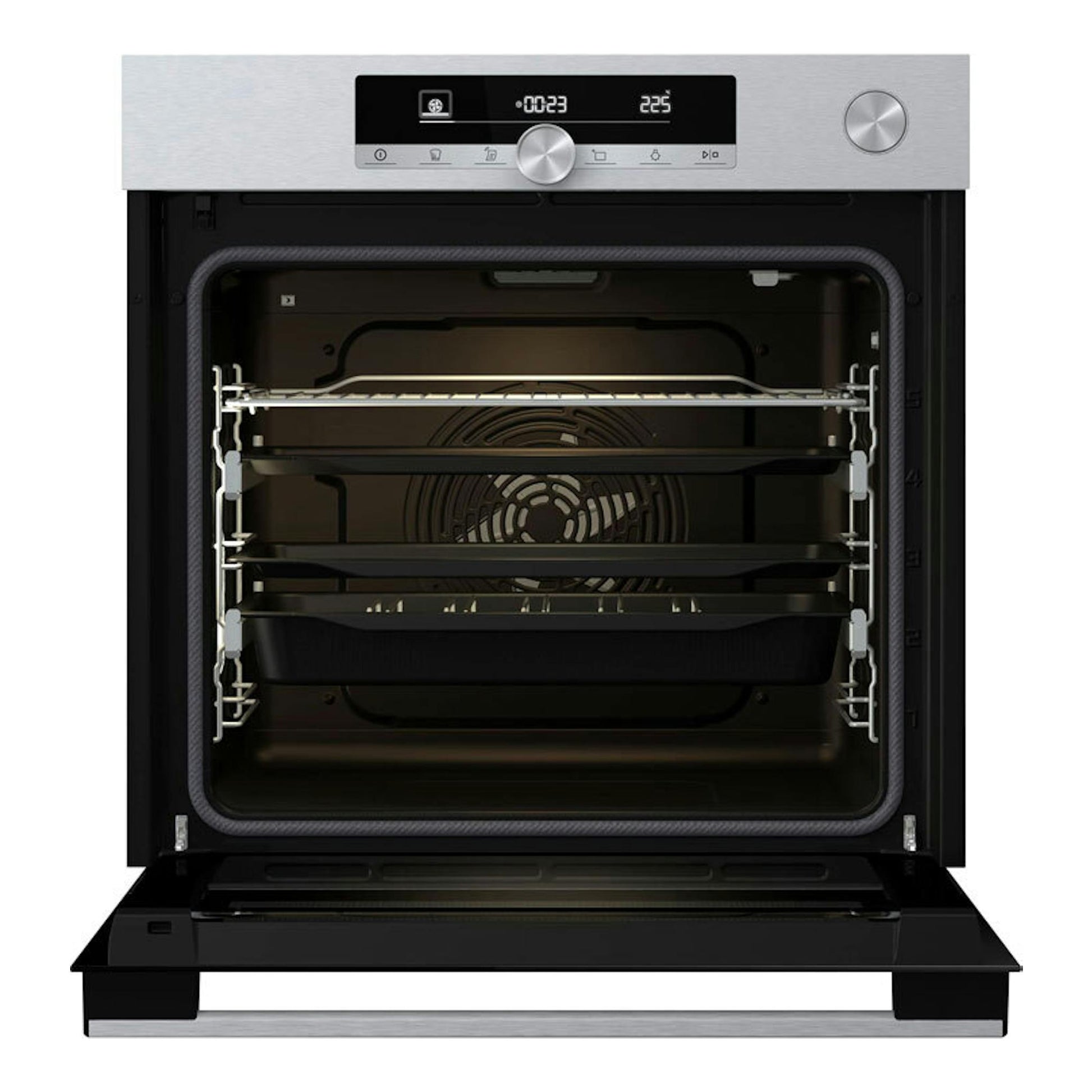 Horno Hisense O643PX inox, vista frontal con puerta abierta, panel digital y interior negro.