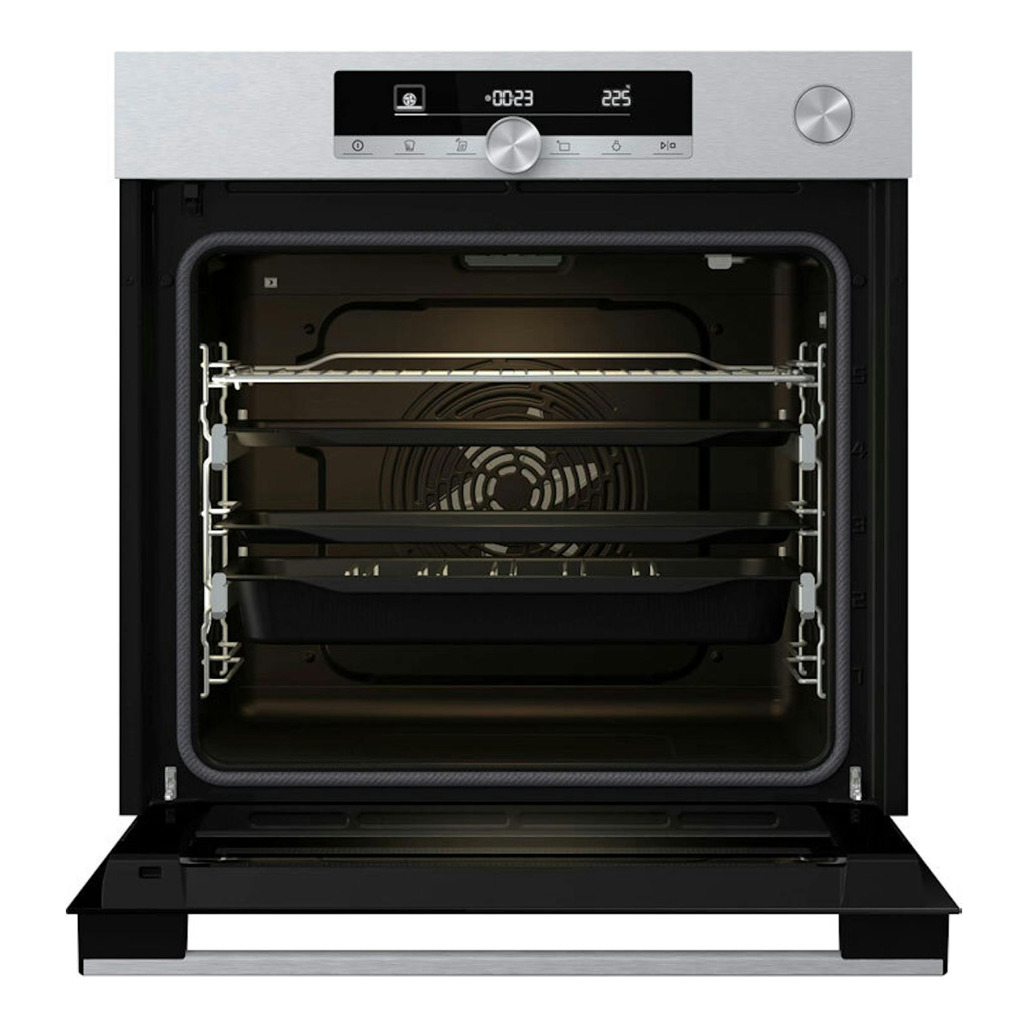 Horno Hisense O643PX inox, vista frontal con puerta abierta, panel digital y interior negro.