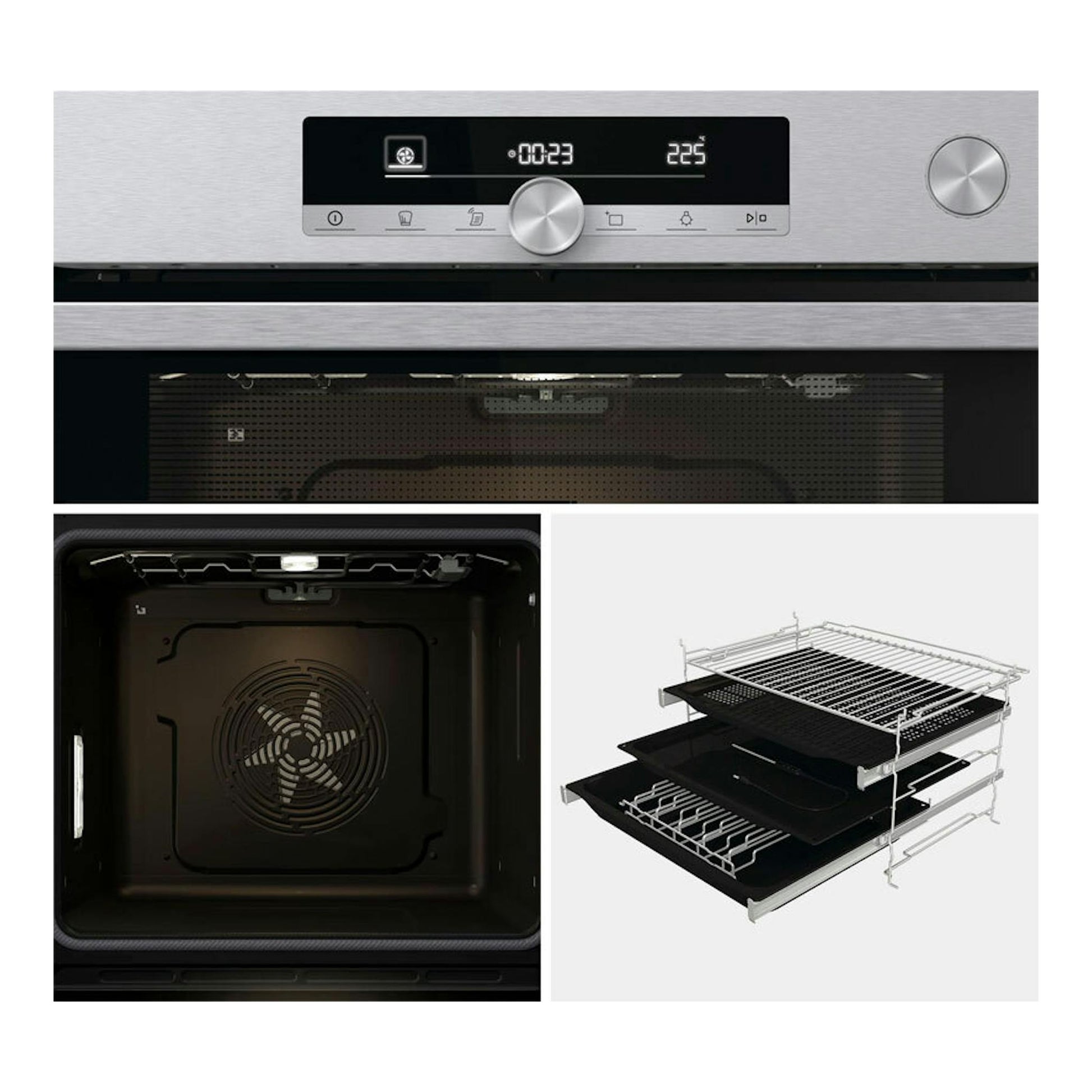 Horno Hisense O643PX inox, frontal en acero inoxidable con display digital y vista interior y bandejas.