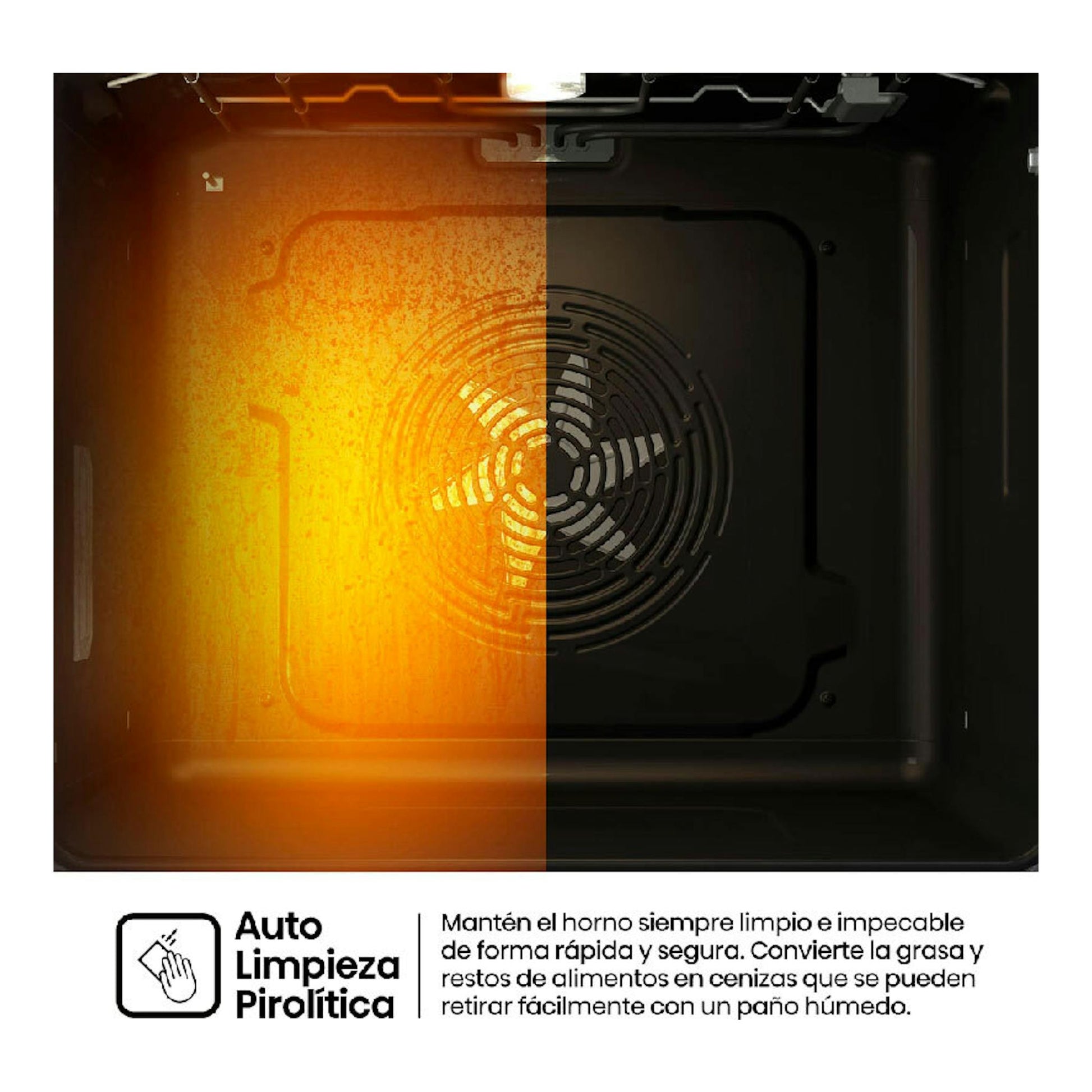Interior de horno Hisense O643PX Inox con ventilador trasero y gráfica de limpieza pirolítica en naranja.